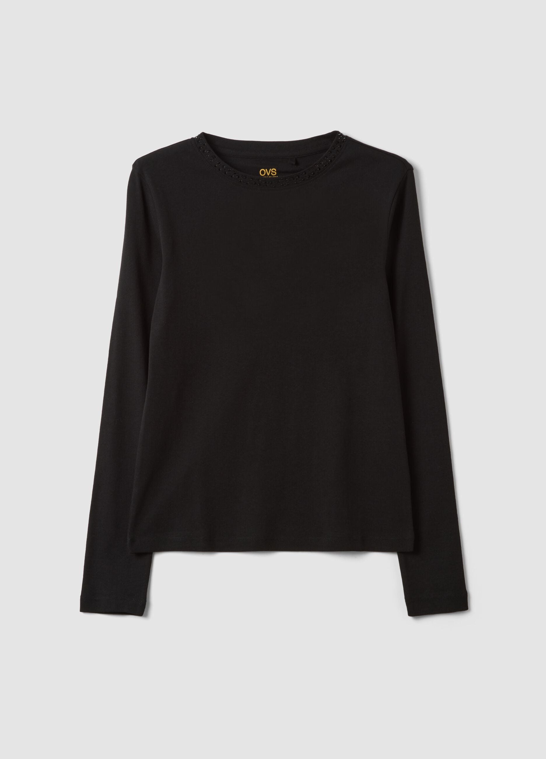 Black pure cotton T-shirt with rhinestone detail