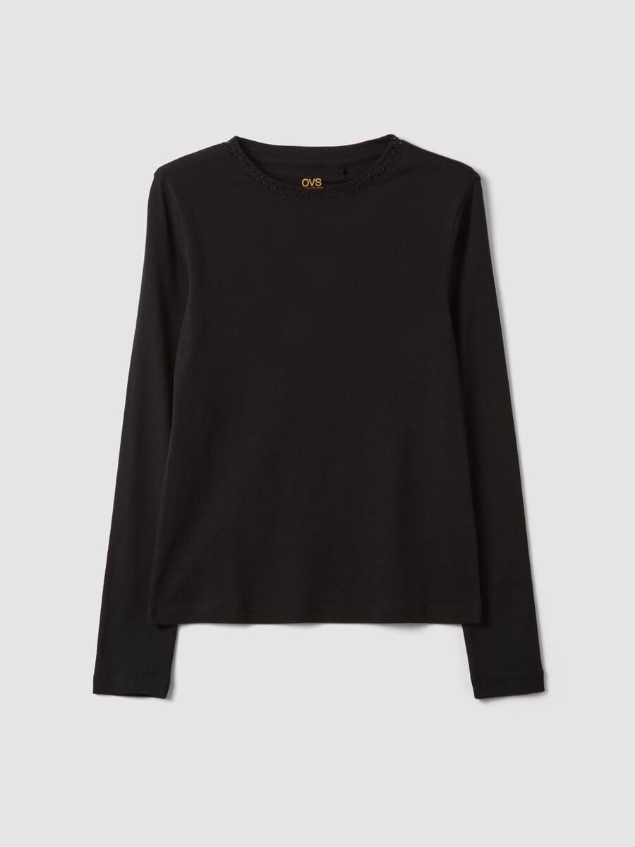 T-shirt nera in puro cotone con strass_0