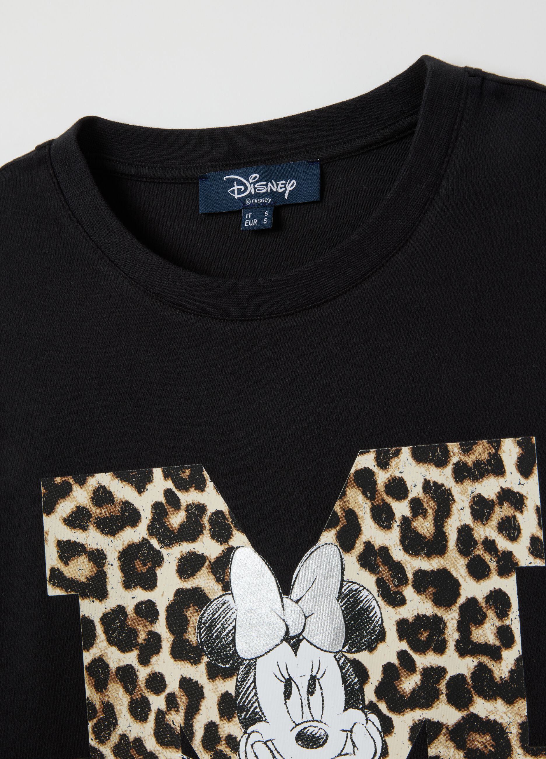 Black pure cotton regular fit t-shirt with Minnie and leopard print