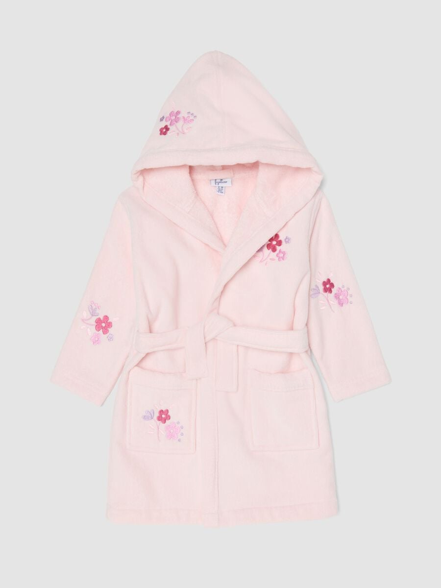 Accappatoio rosa con cappuccio in cotone organico per neonata e bimba_0