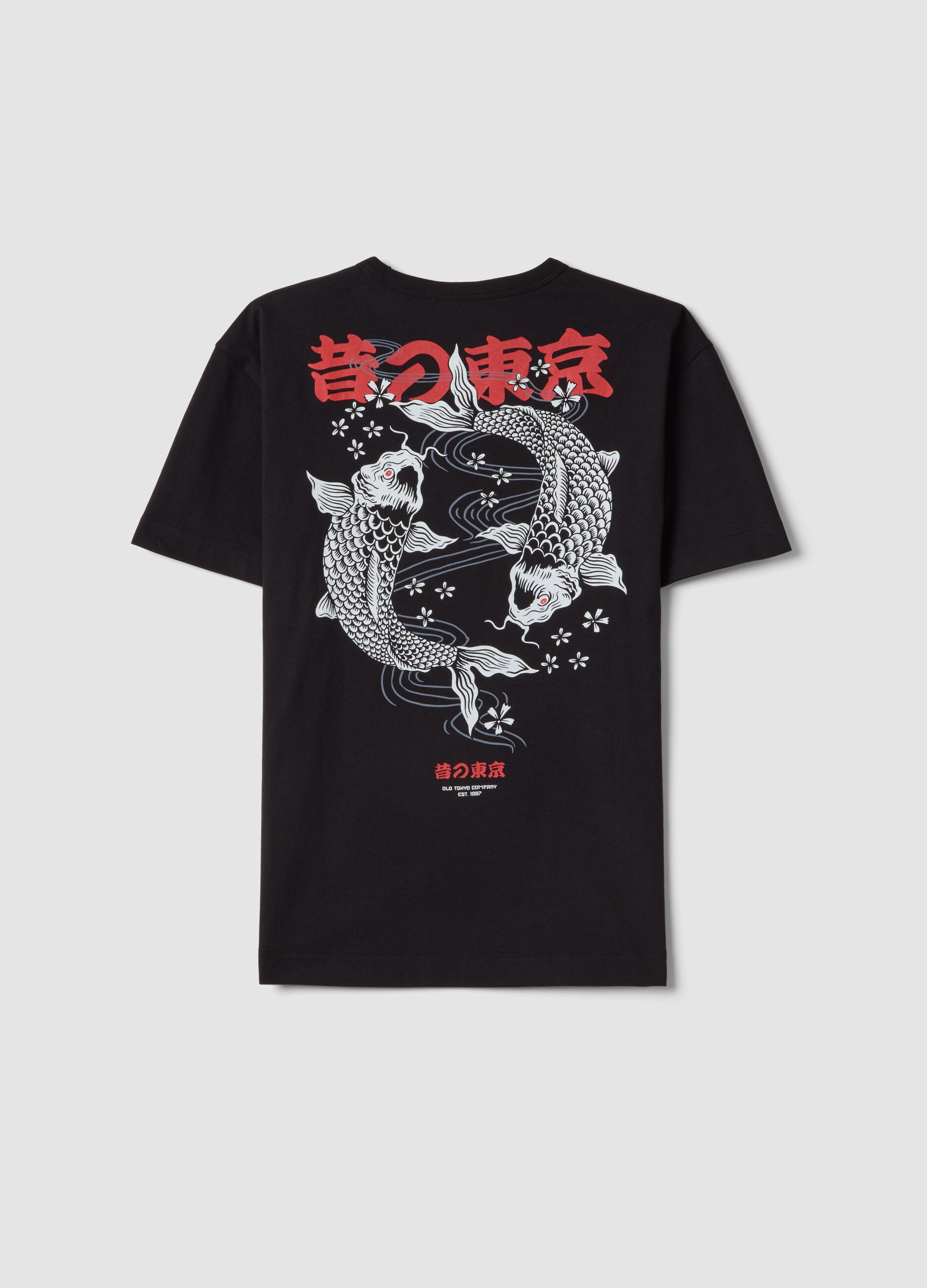 Children's oversized fit pure black cotton T-shirt with koi carp