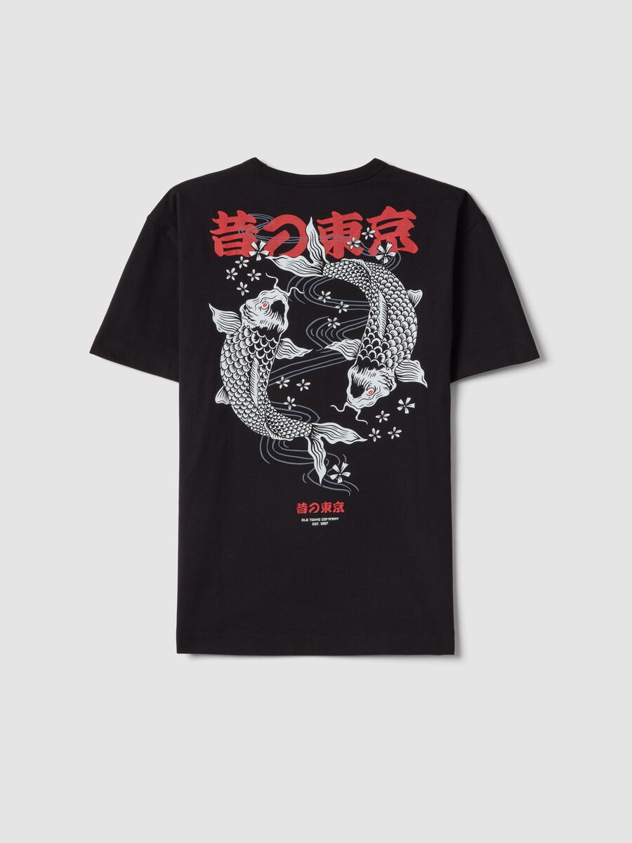 Children's oversized fit pure black cotton T-shirt with koi carp_4