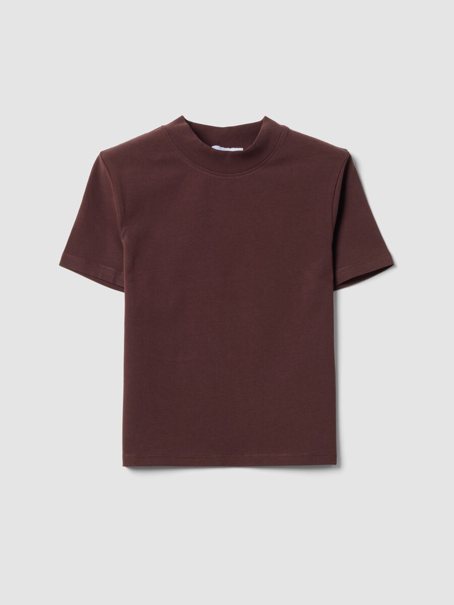 Brown fitted stretch-cotton T-shirt with high neckline_0