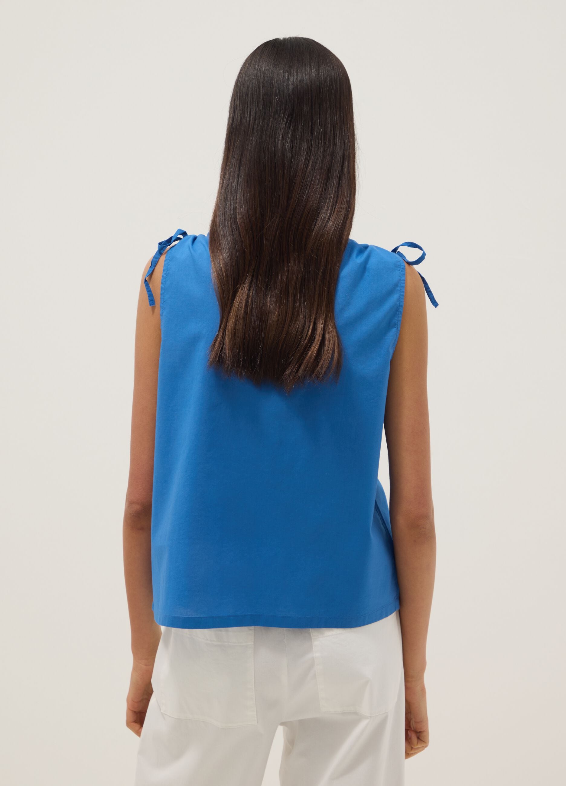 Blue pure cotton V-neck blouse