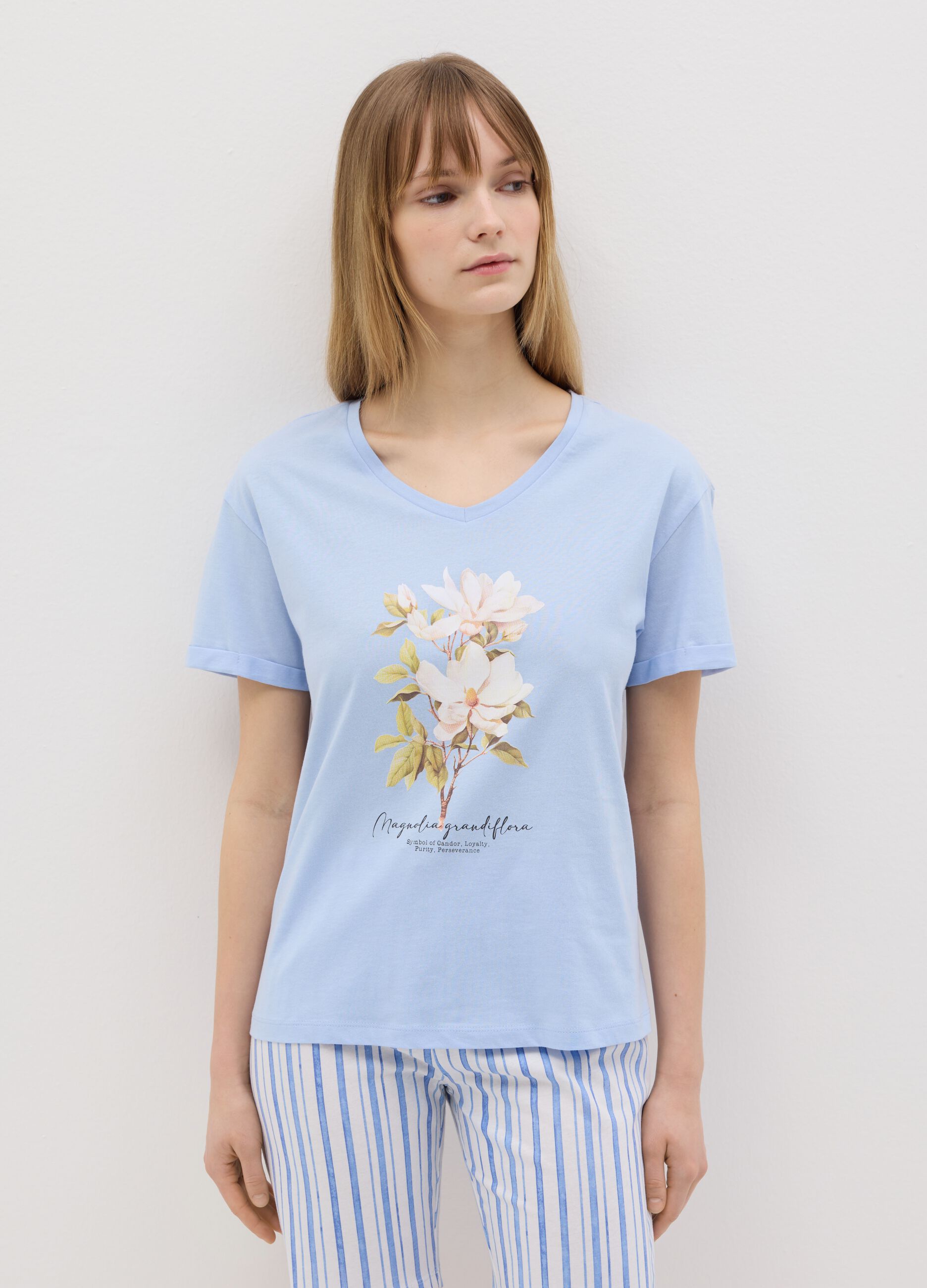 Light blue cotton pyjamas with floral print