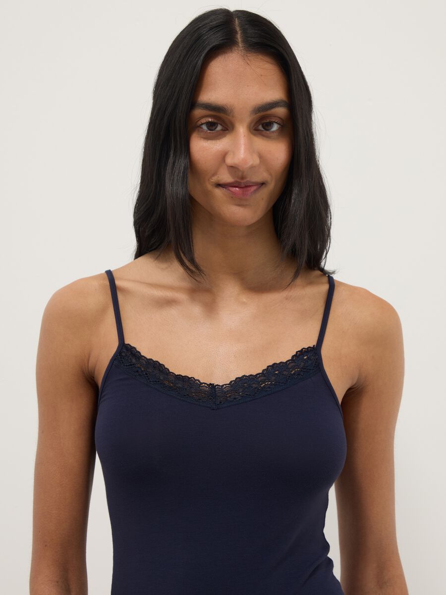 Blue slim fit stretch viscose camisole with lace_1