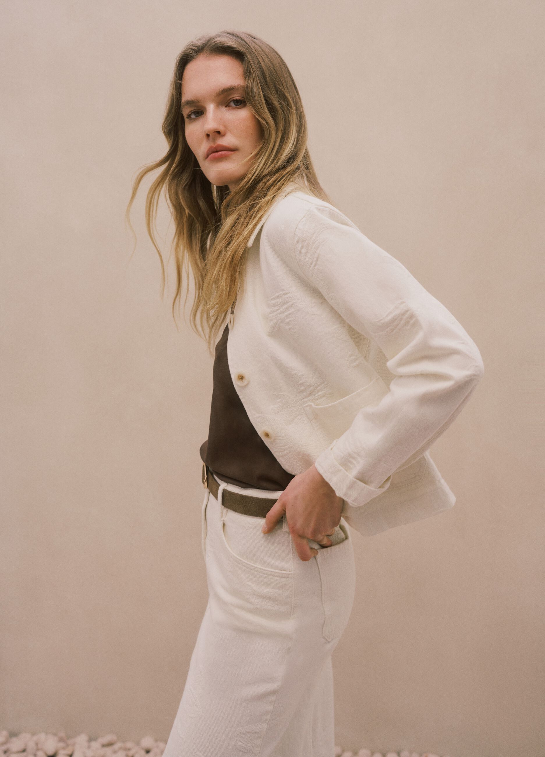 White pure cotton blazer, regular fit