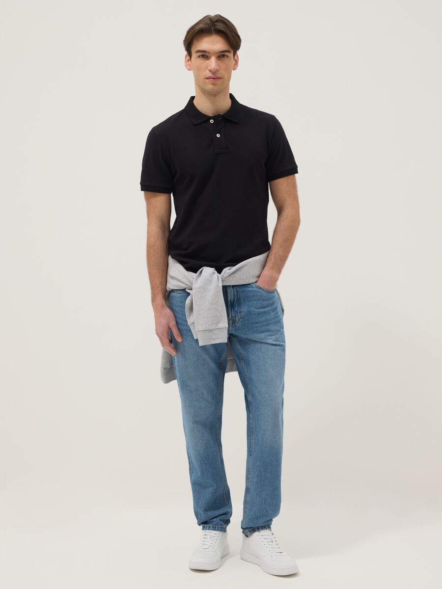 Short sleeve black organic cotton polo shirt, slim fit_1