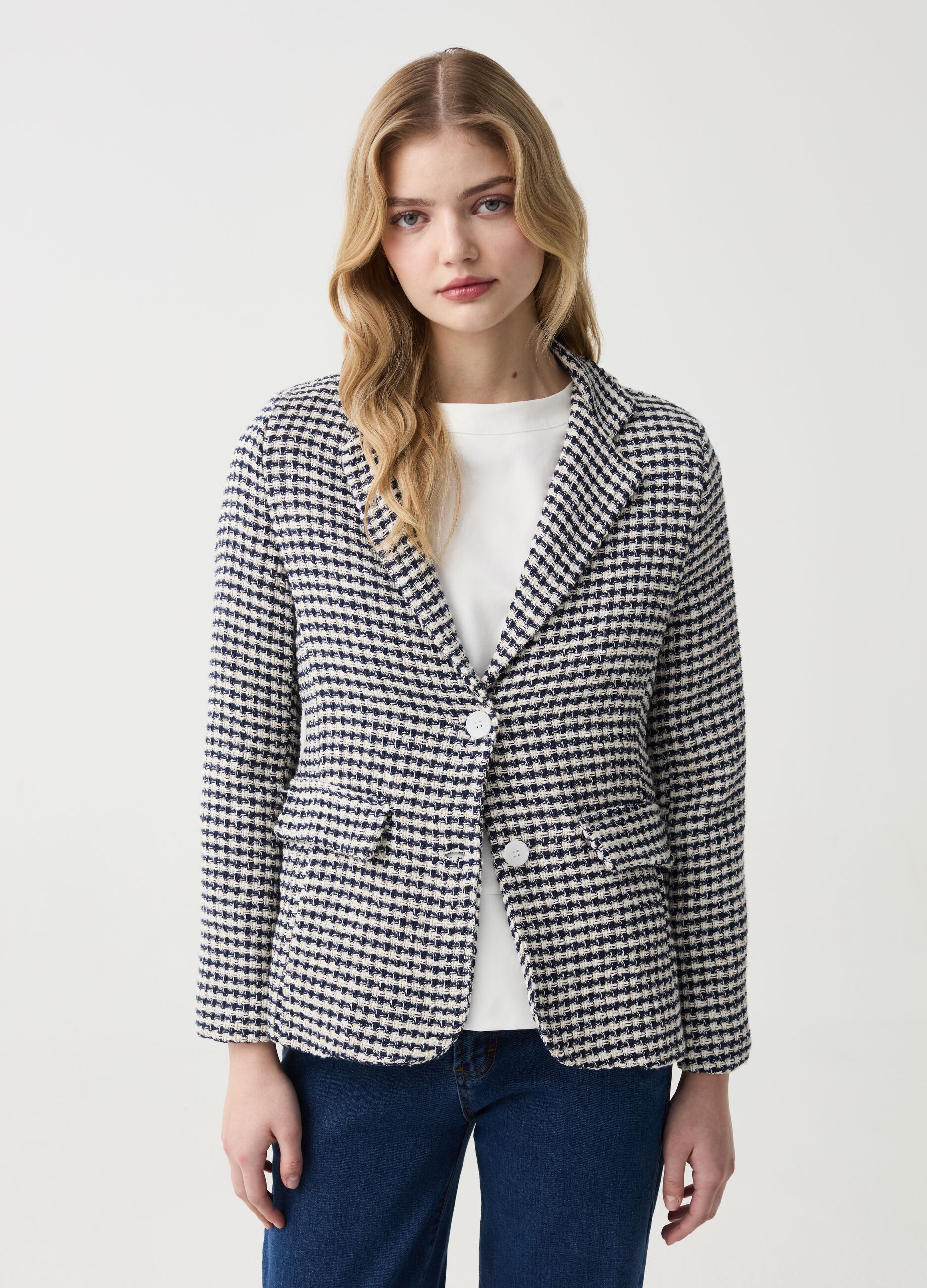 Ovs Blazer monopetto in tweed pied de poule