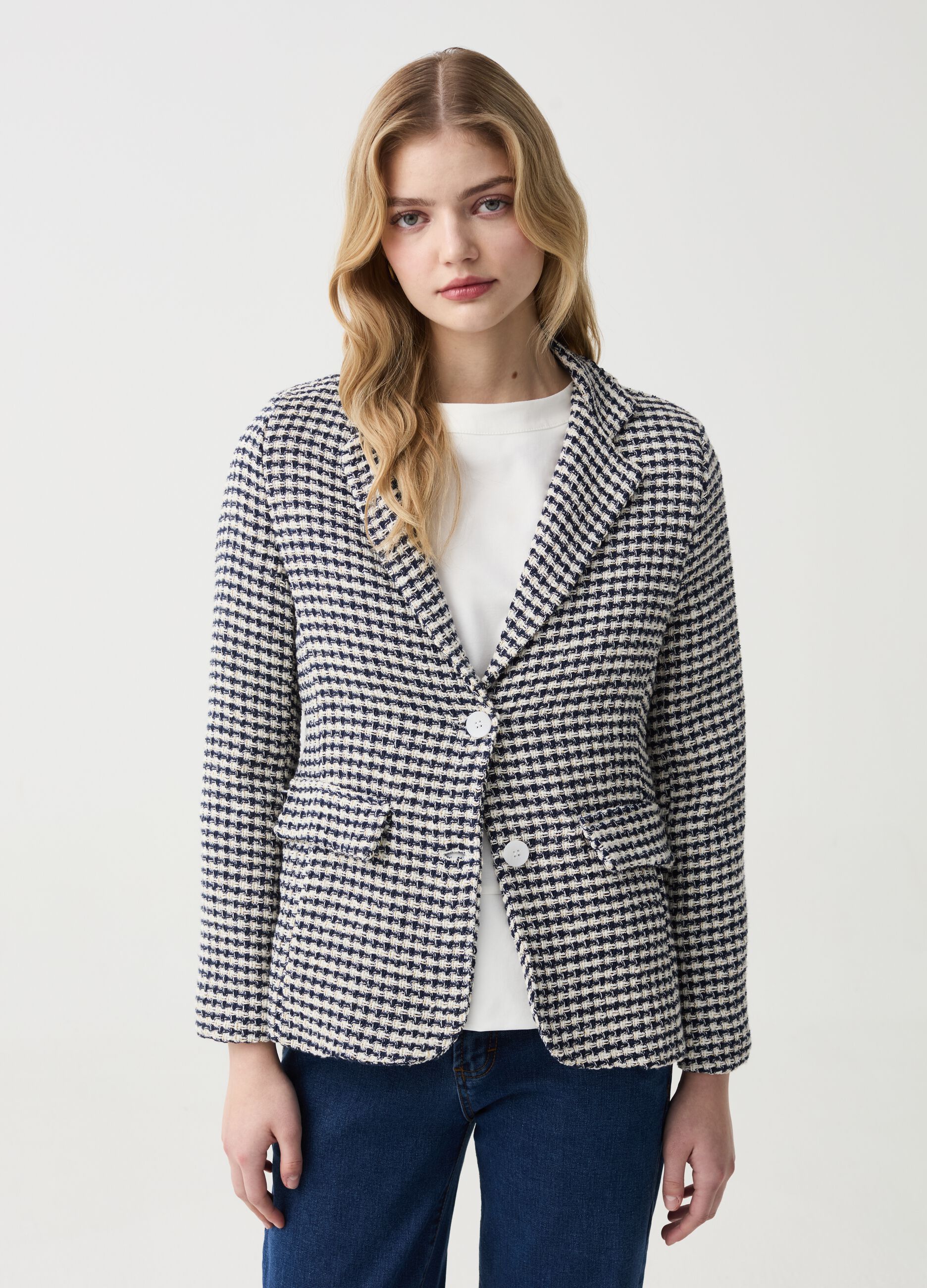 Single-breasted blazer in houndstooth design tweed