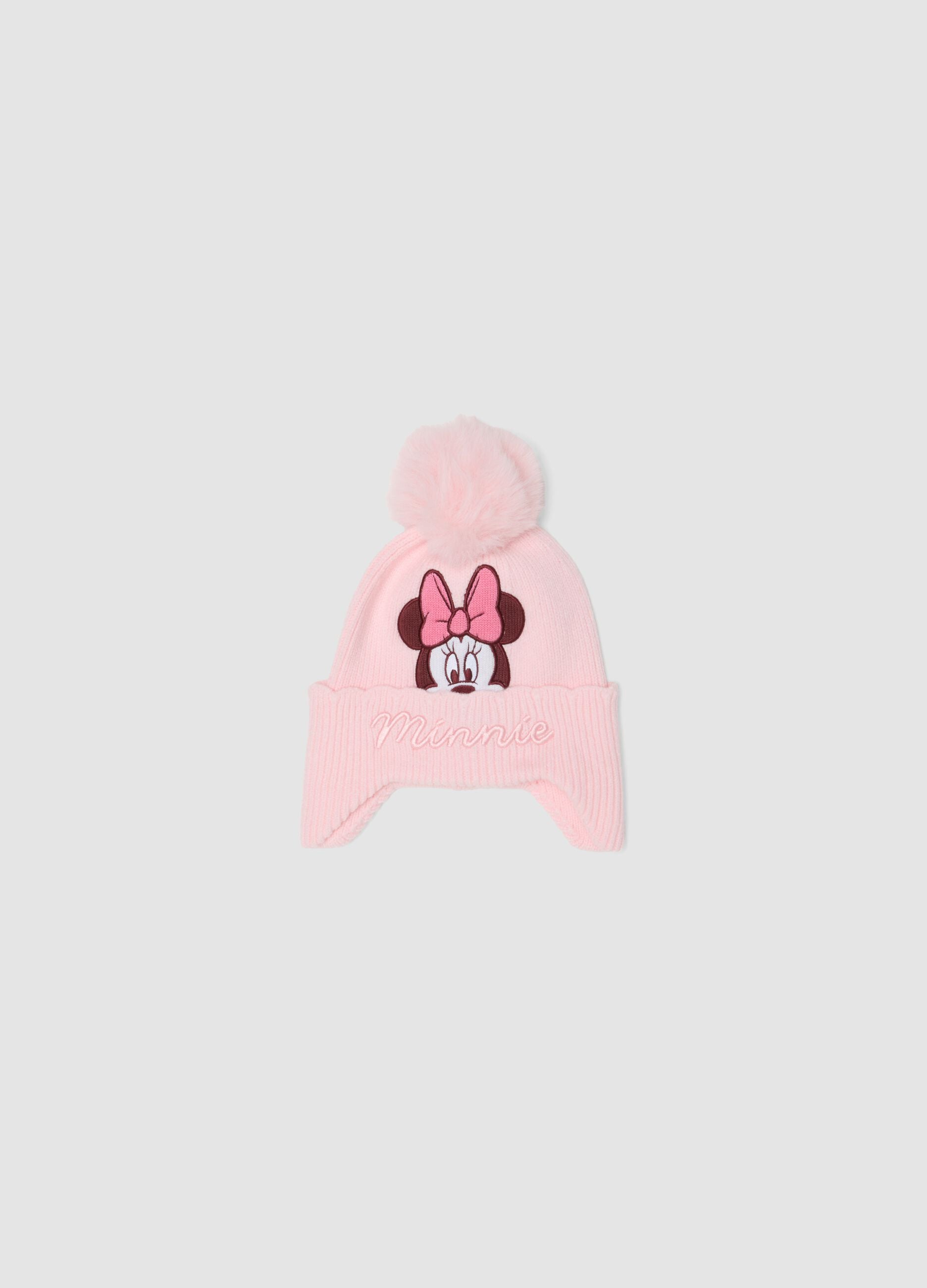 Pink viscose-blend beanie with pom‑pom and Minnie embroidery