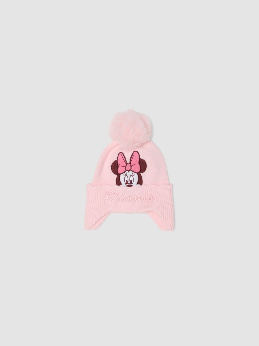 Pink viscose-blend beanie with pom‑pom and Minnie embroidery_0