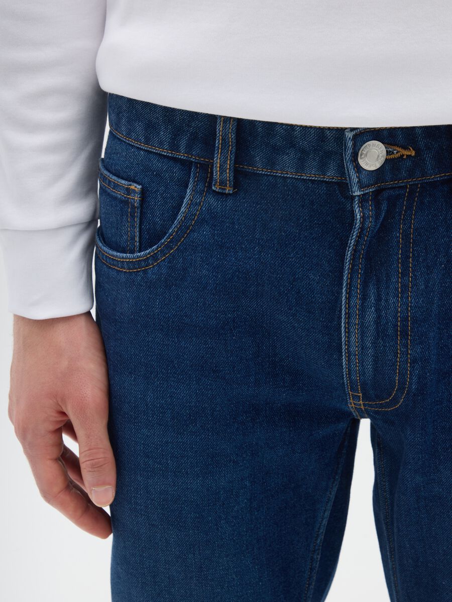 Blue denim cotton blend slim fit jeans_3