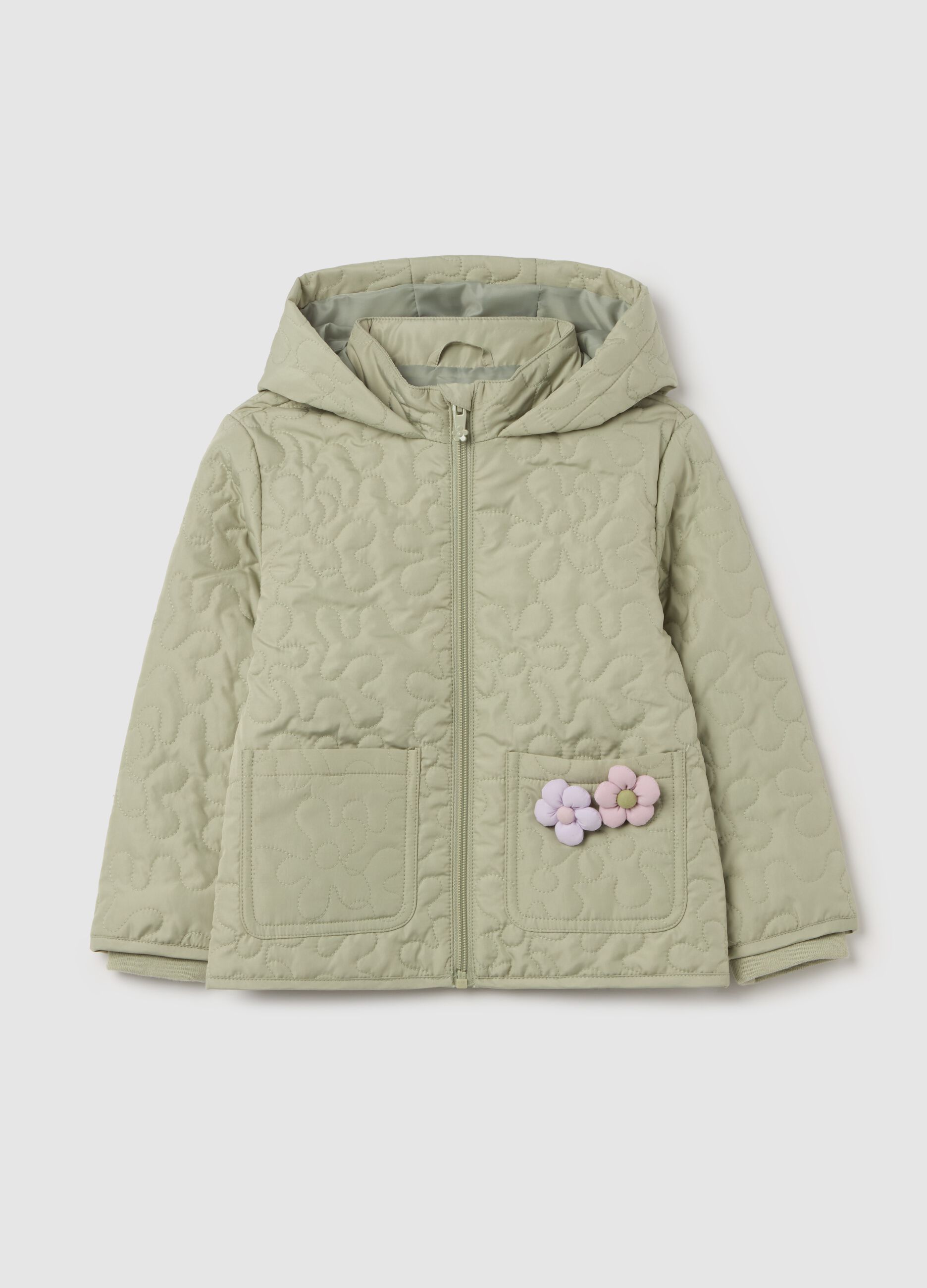 Quilted jacket with hood and flowers