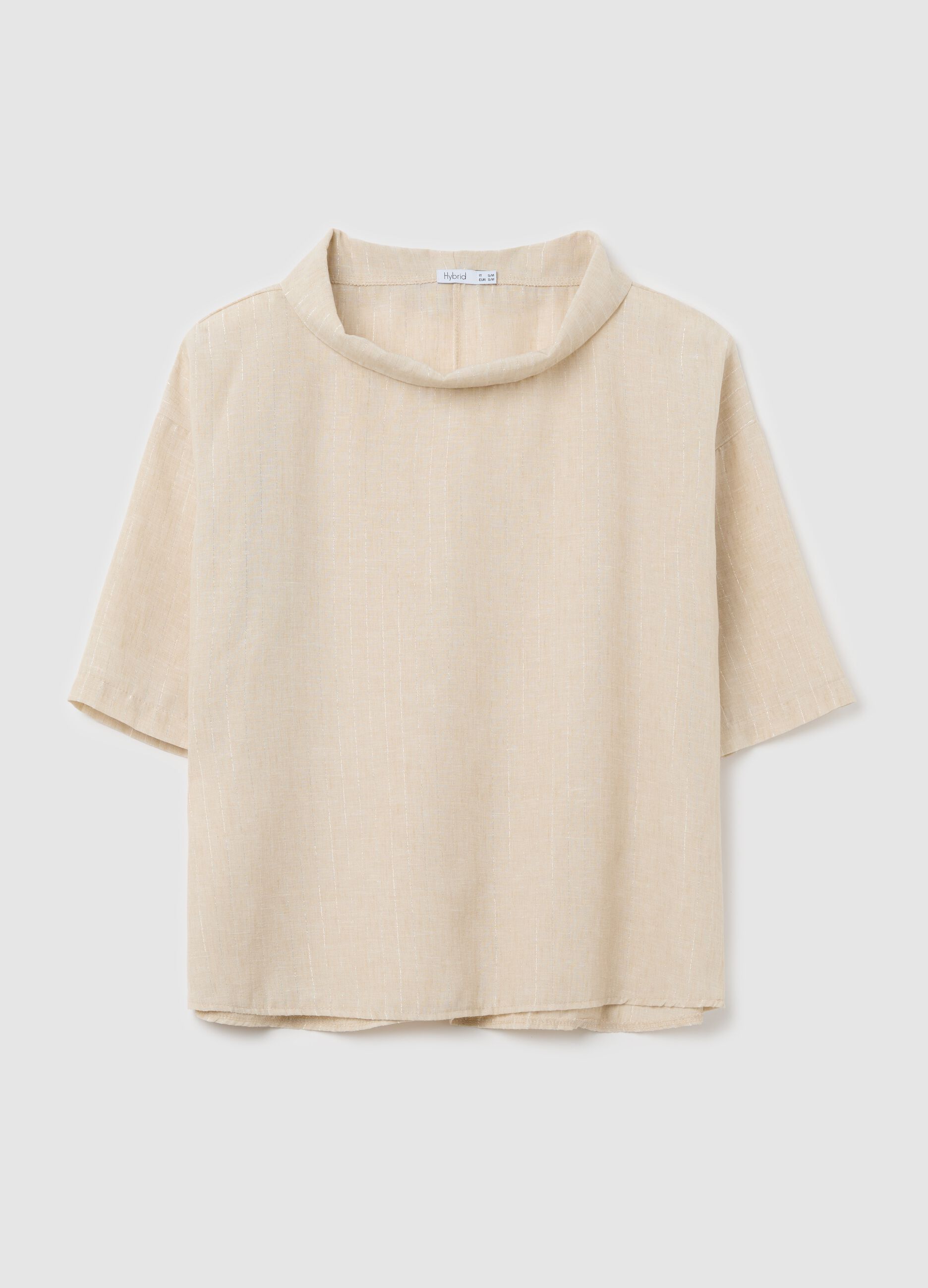 Beige pinstriped top in lurex with cowl neck