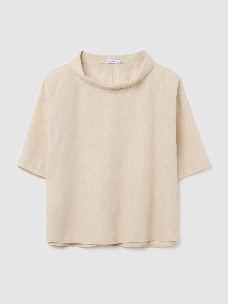 Beige pinstriped top in lurex with cowl neck_4