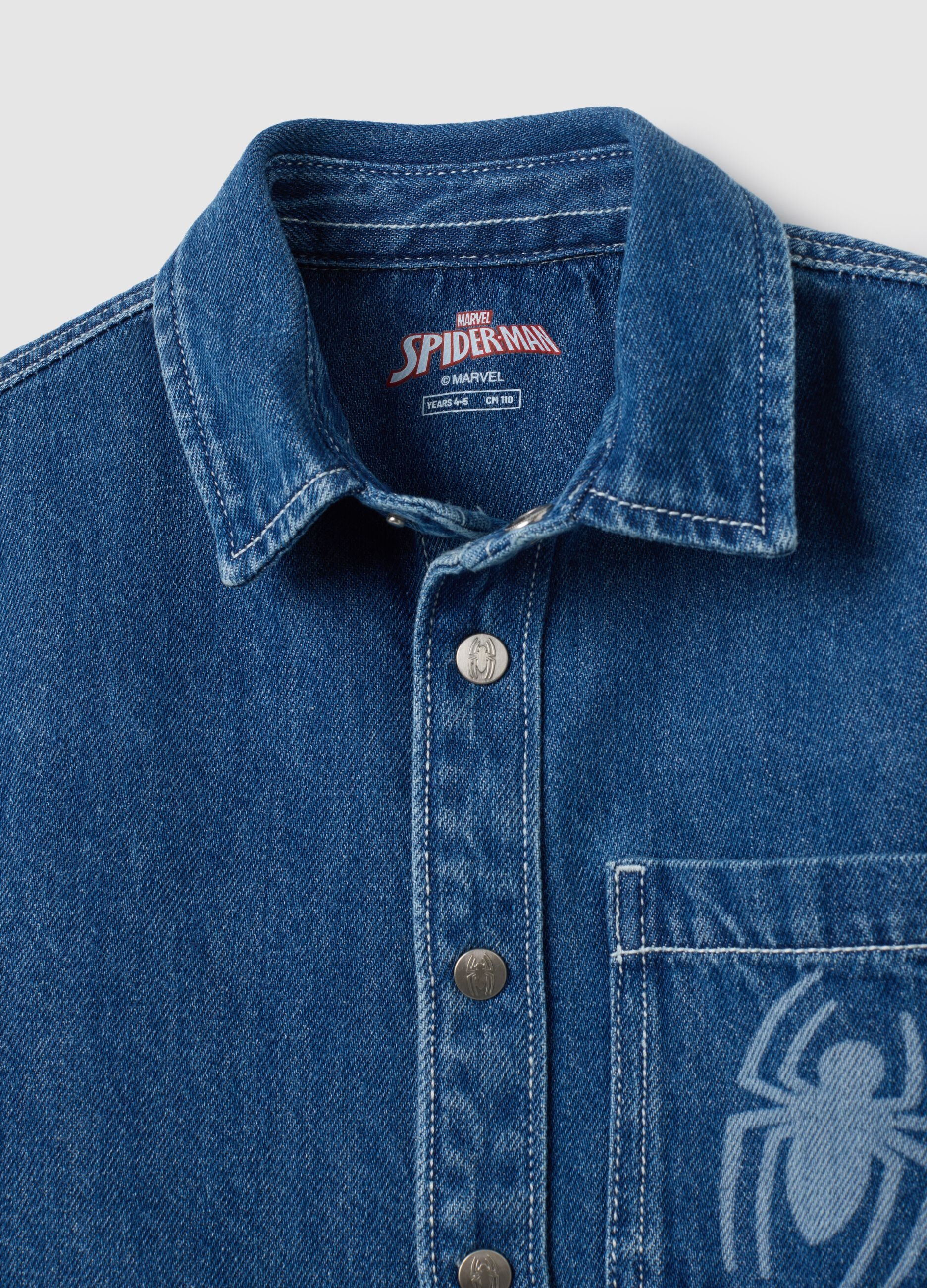 Blue denim regular fit kids' shirt with Spiderman print