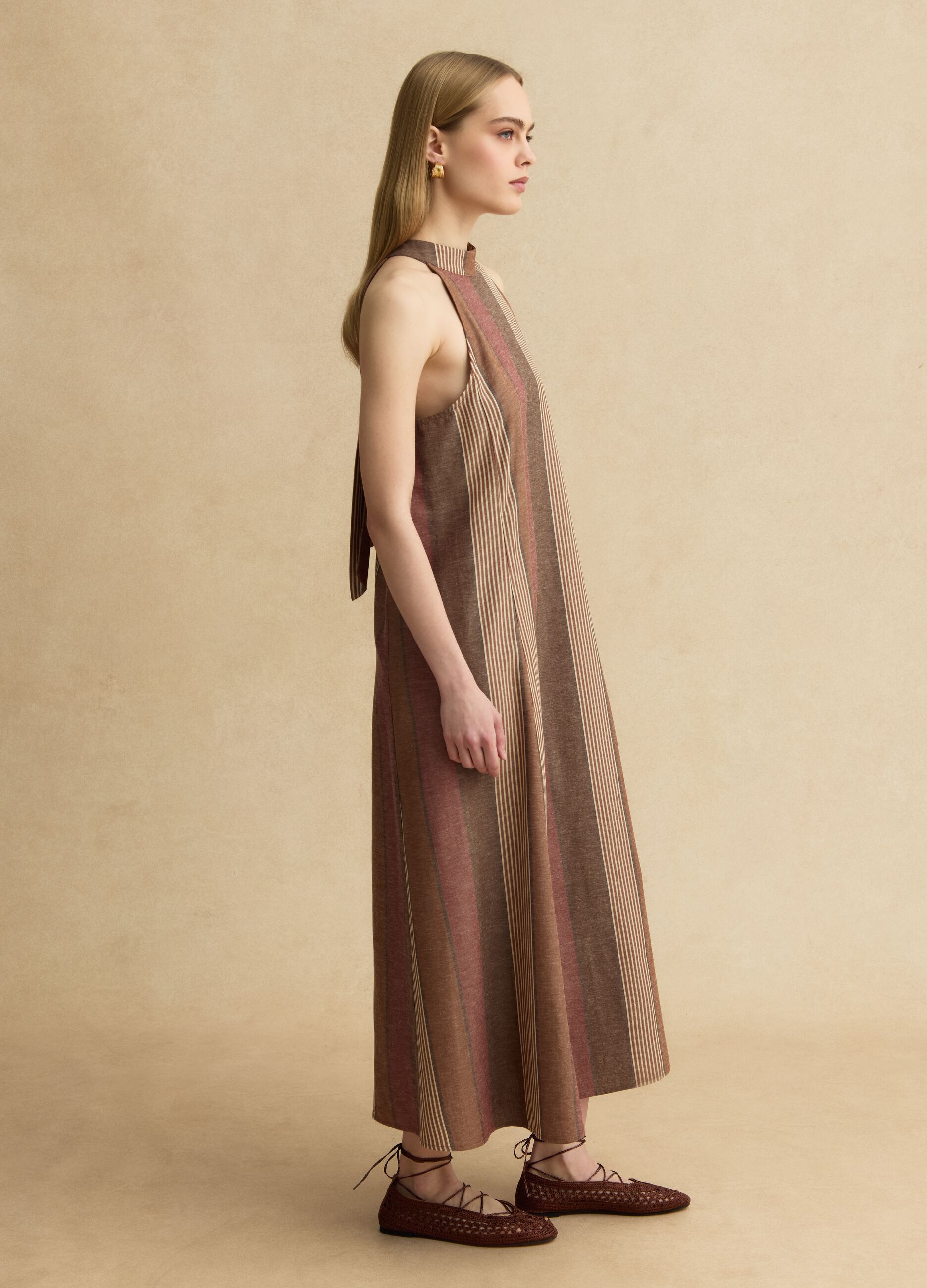 Multicoloured striped viscose and linen blend dress with relaxed fit