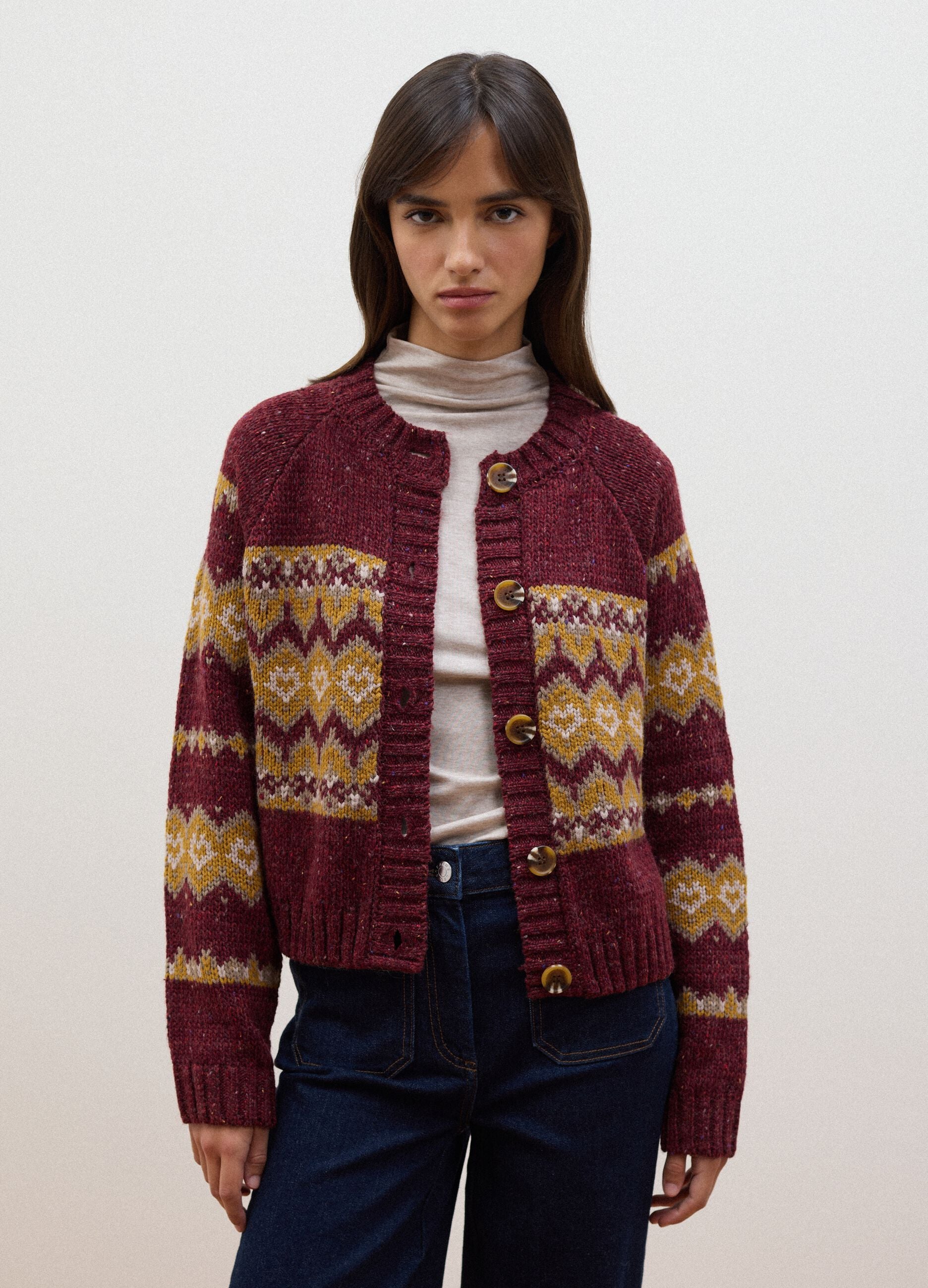 Red crew-neck jacquard wool-blend cardigan, regular fit
