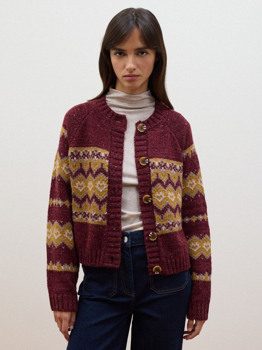Cardigan rosso girocollo in misto lana jacquard regular fit_0