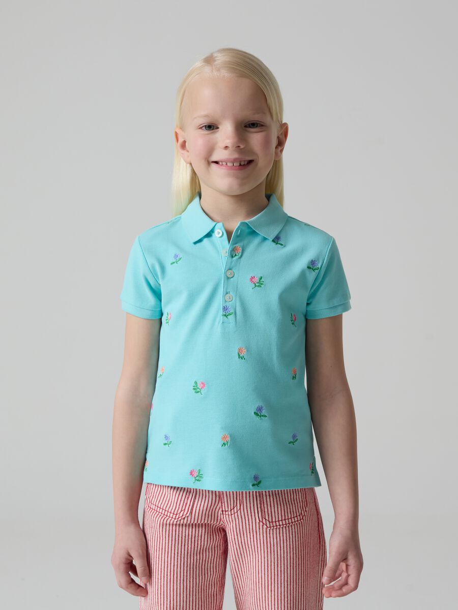 Piquet polo shirt with floral embroidery_1