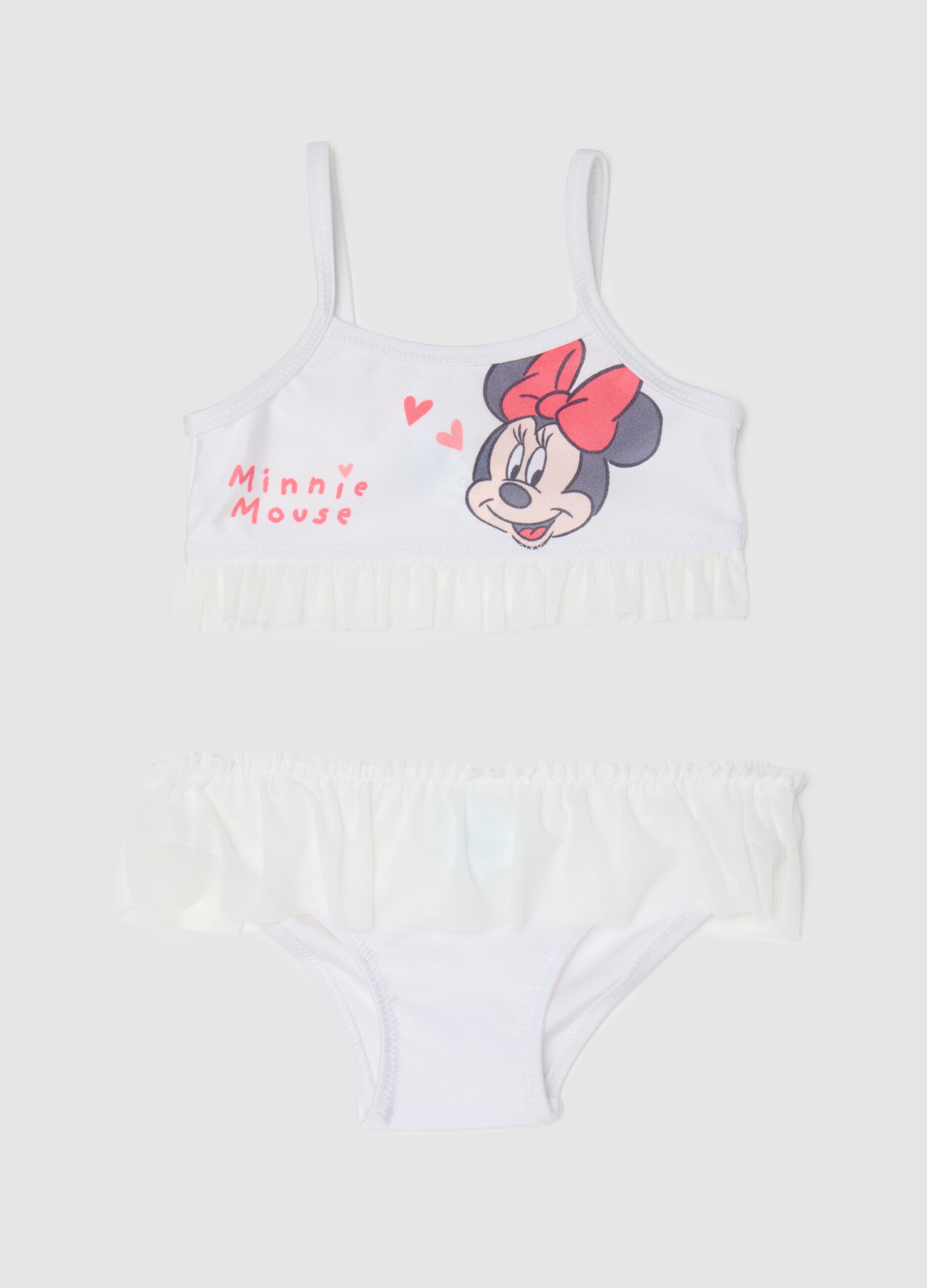 Girls’ bikini in white stretch fabric with Minnie Mouse print