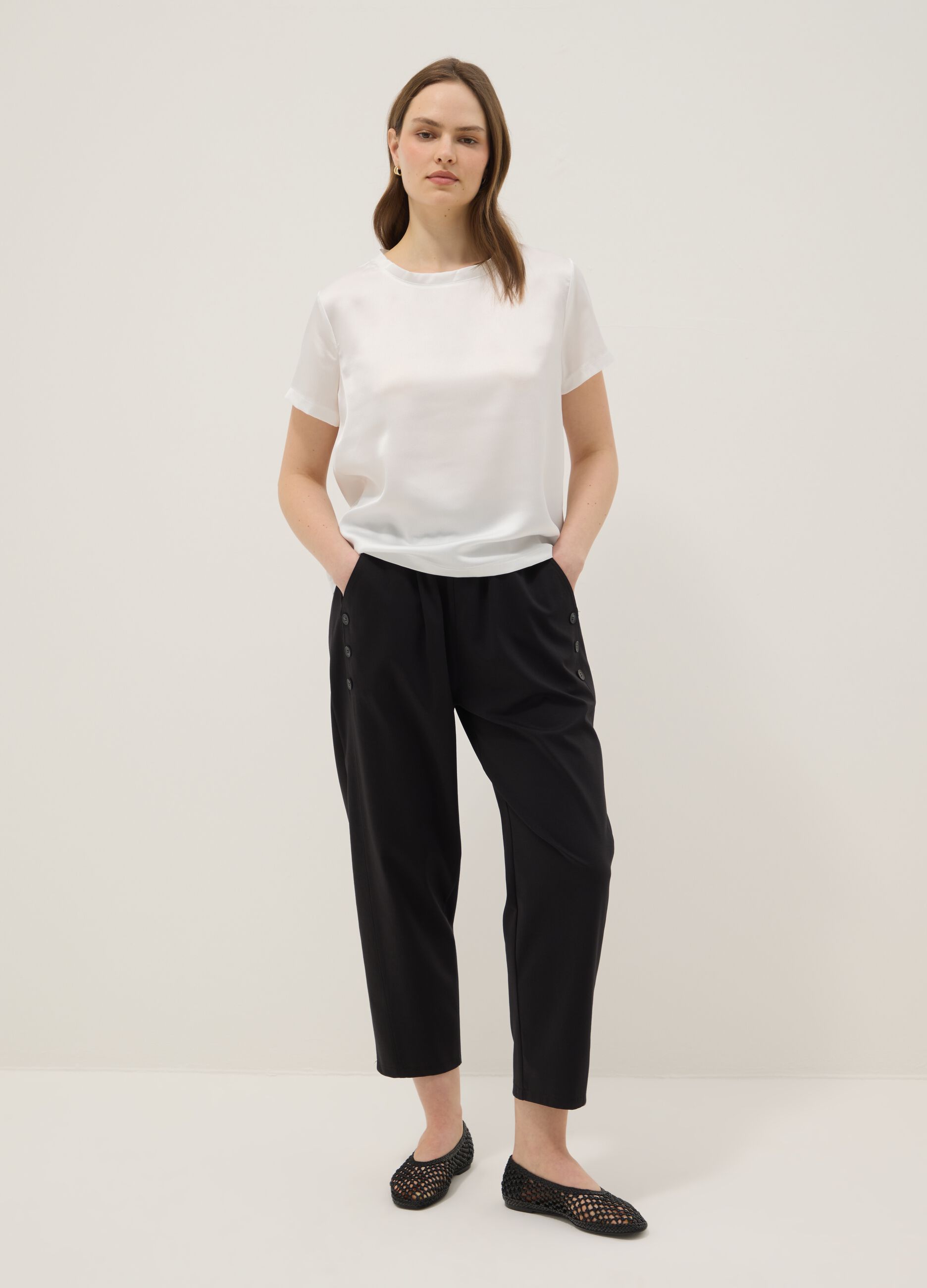 Black regular-fit stretch cotton-blend trousers with buttons