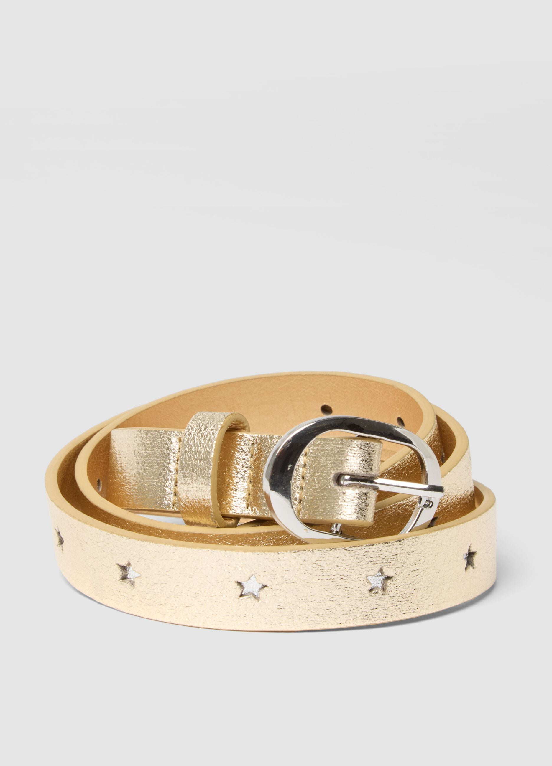 Glossy yellow belt with round buckle and star cut-outs