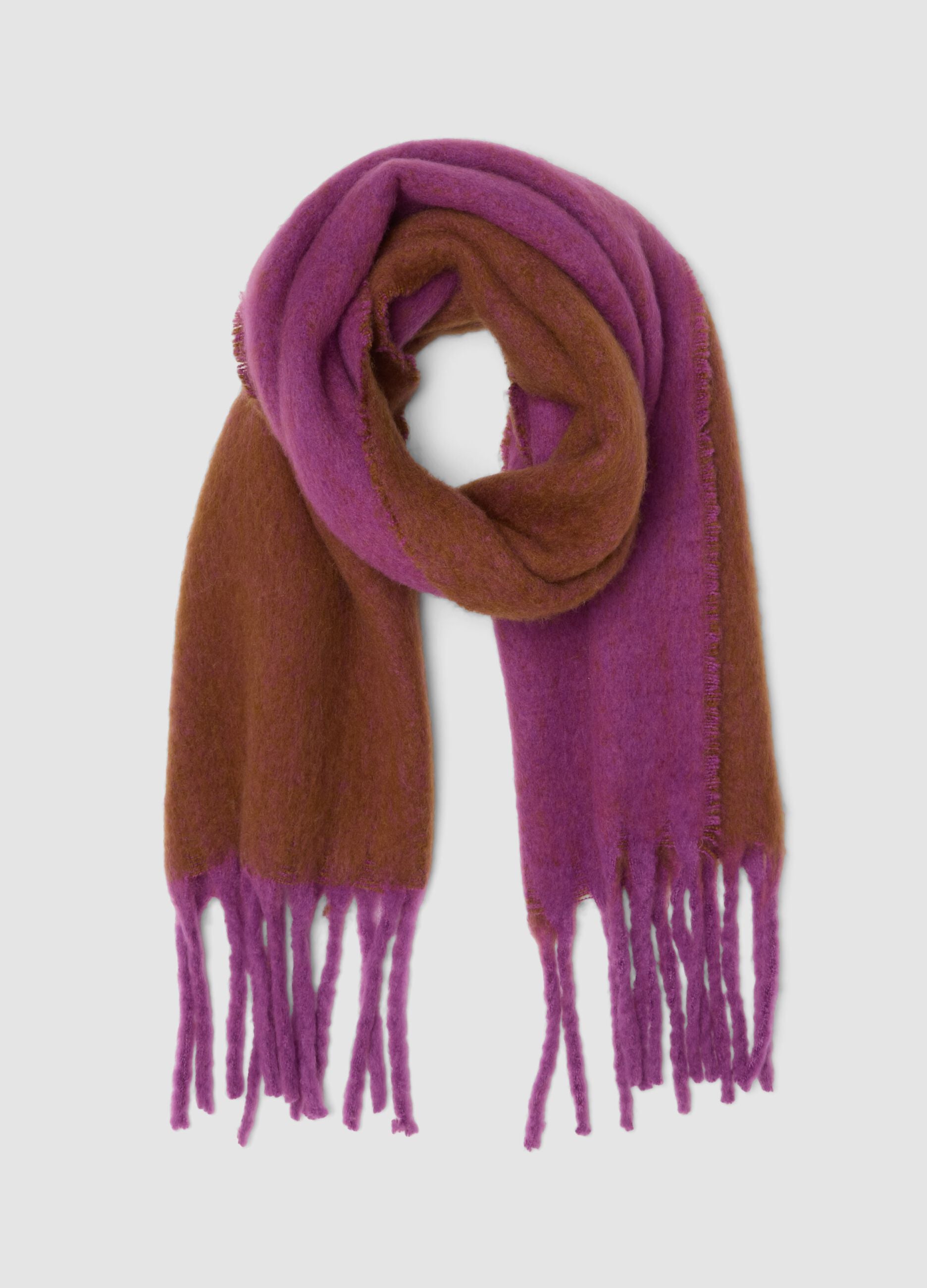 Purple wool-blend scarf with fringes
