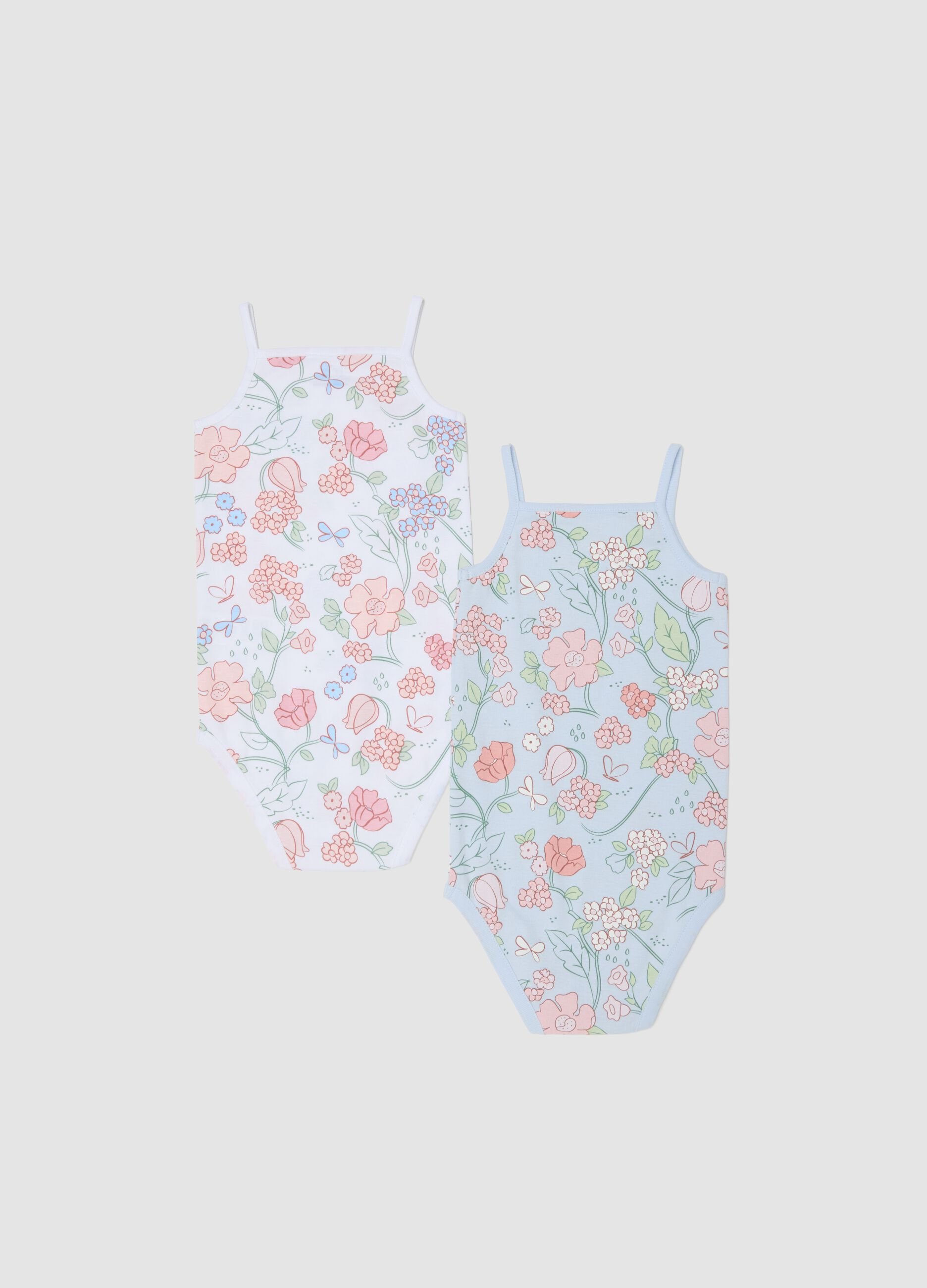Twin pack of light blue organic cotton bodysuits with floral print