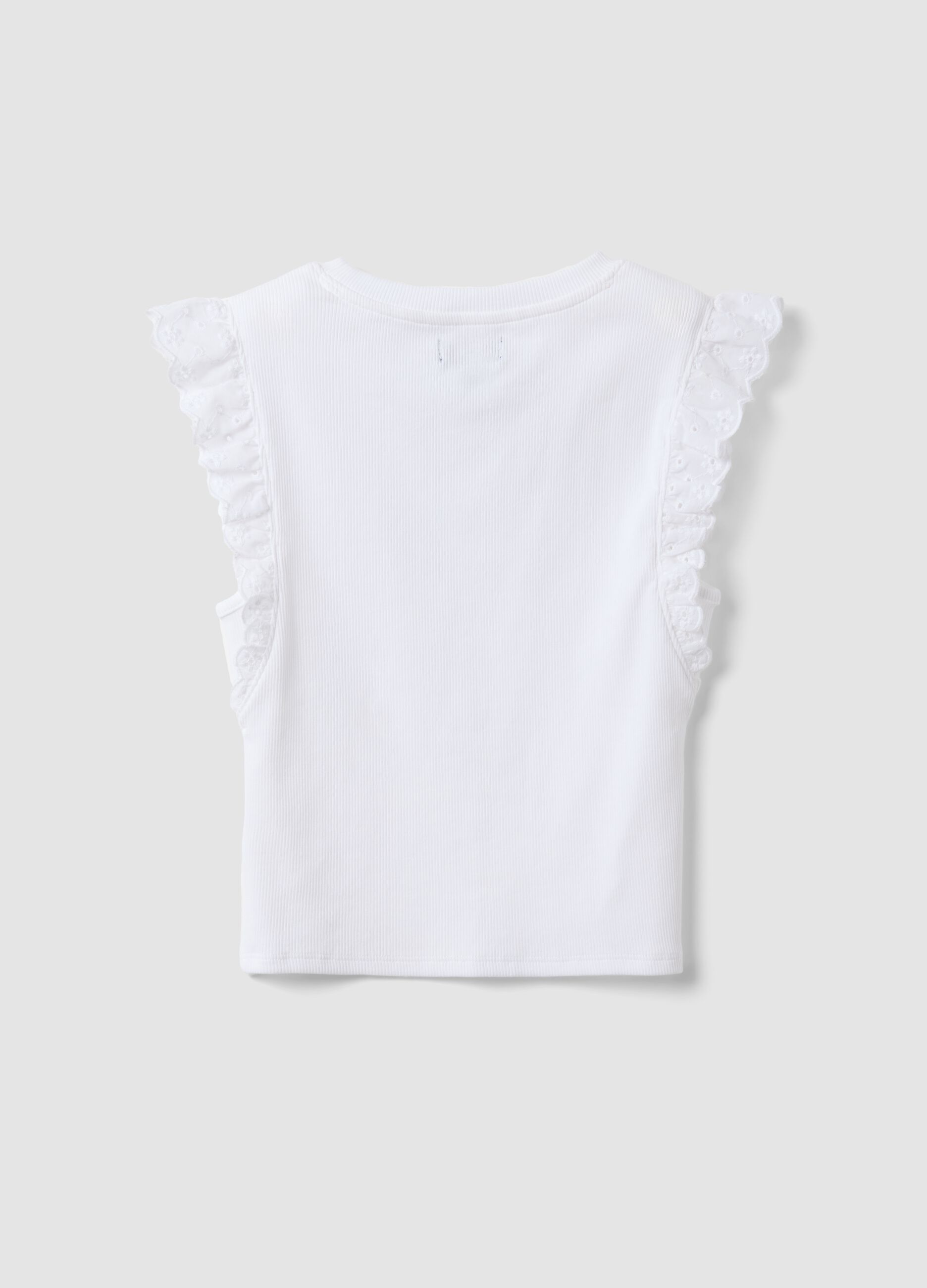 White stretch-cotton T-shirt with ruffle sleeves