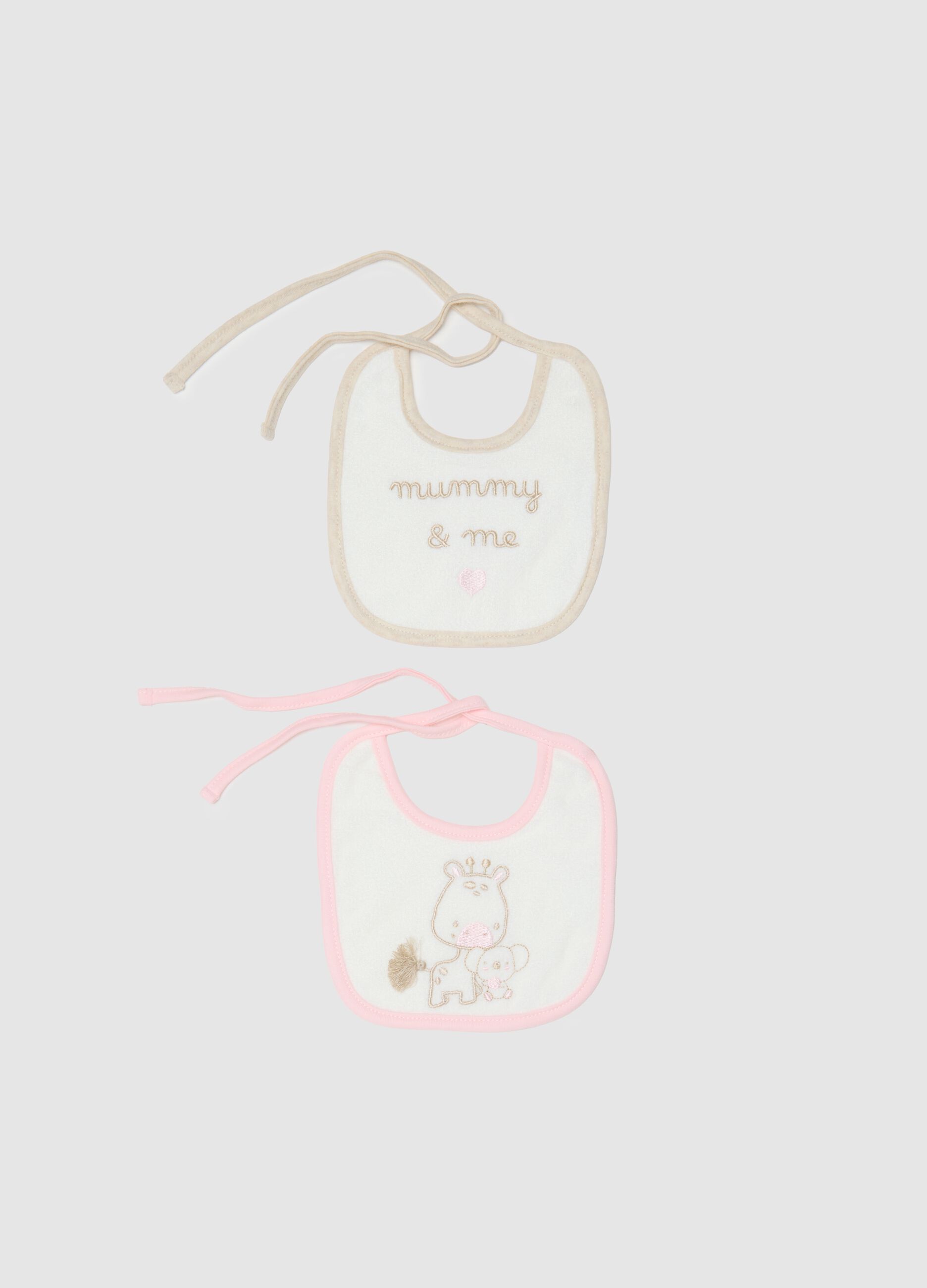 Set of two baby bibs in pure multicolour cotton with embroidery