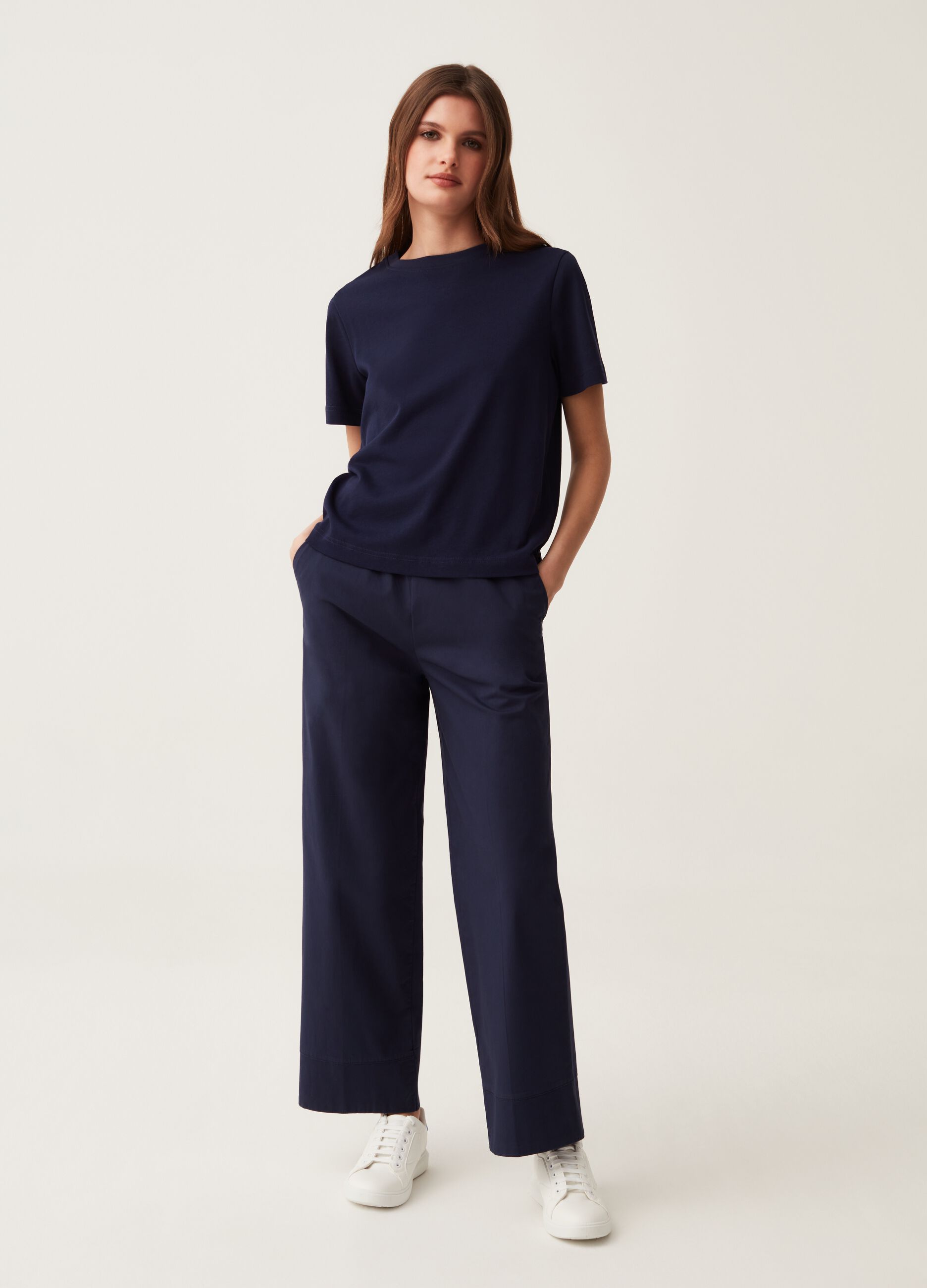 Pantaloni wide leg in cotone stretch