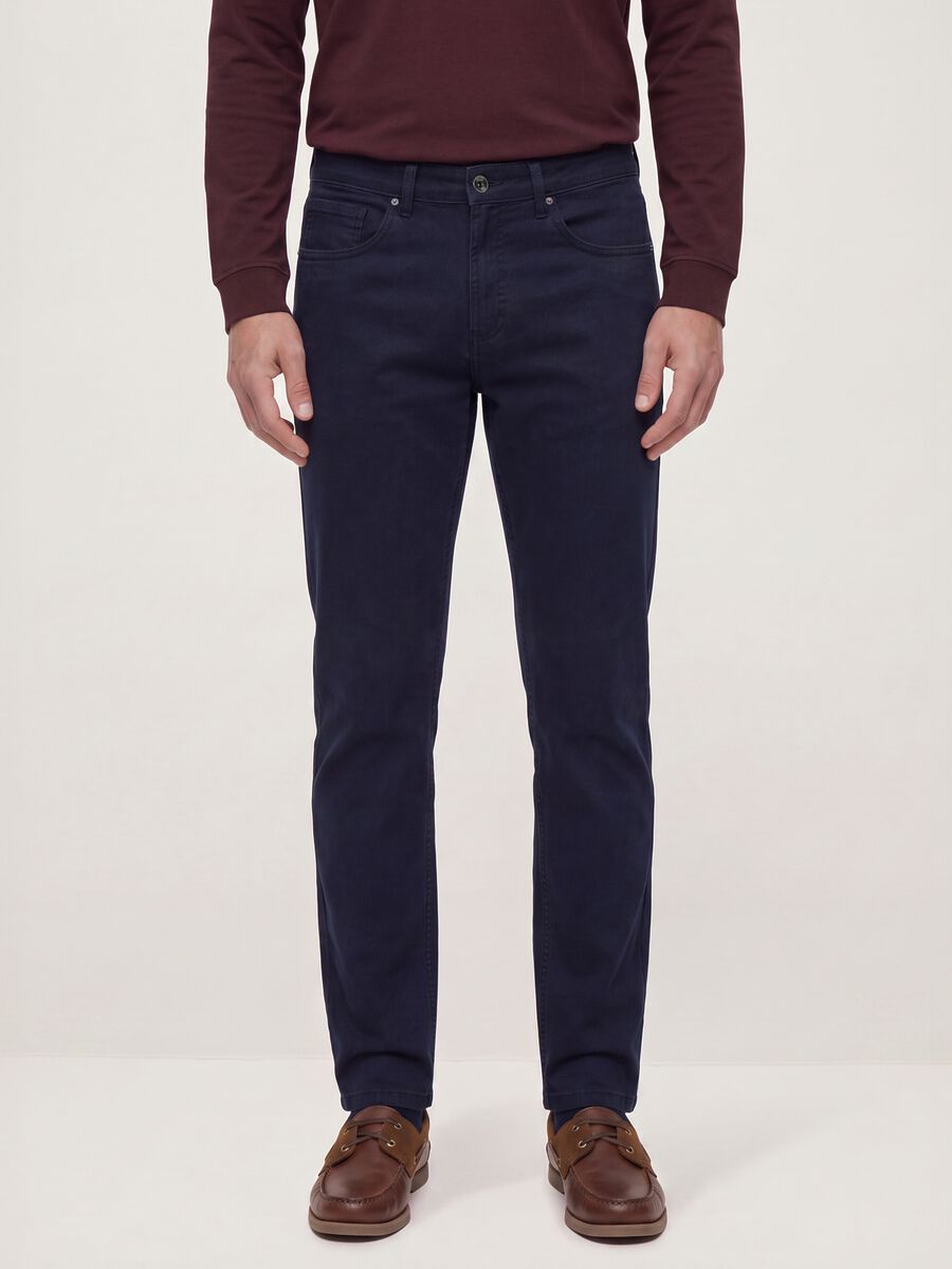 Blue regular-fit stretch cotton twill trousers_1