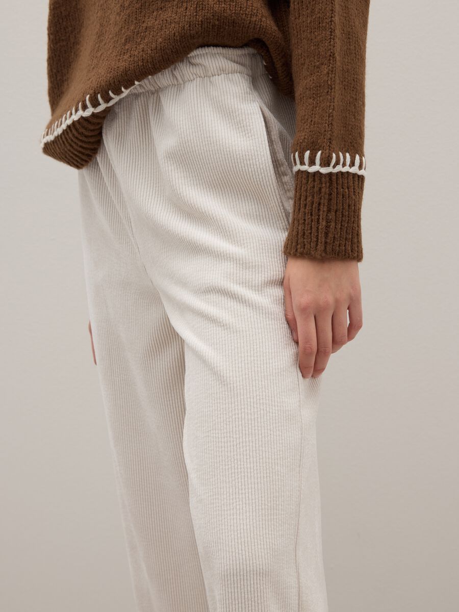 White Pure Cotton Ribbed Regular Fit Trousers_3