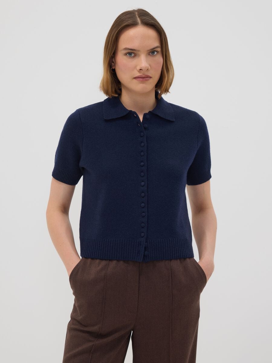 Cardigan blu in misto lana con colletto polo regular fit_0