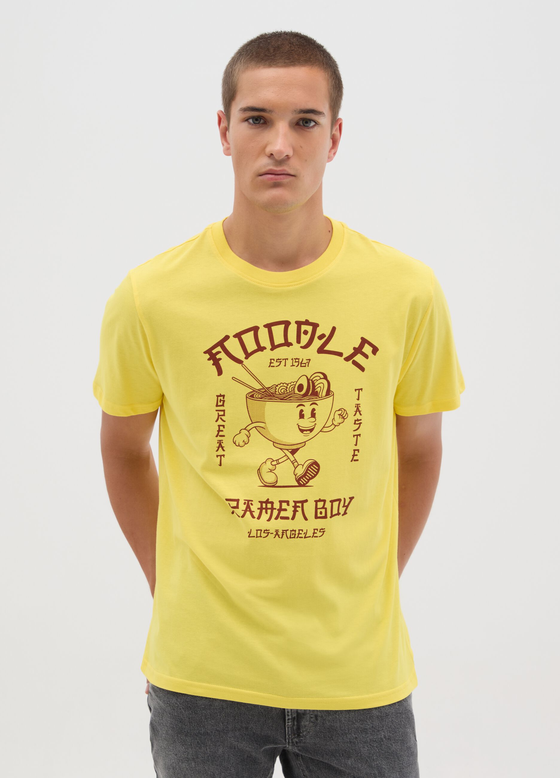 Yellow T-shirt with Ramen Boy Print by Ovs