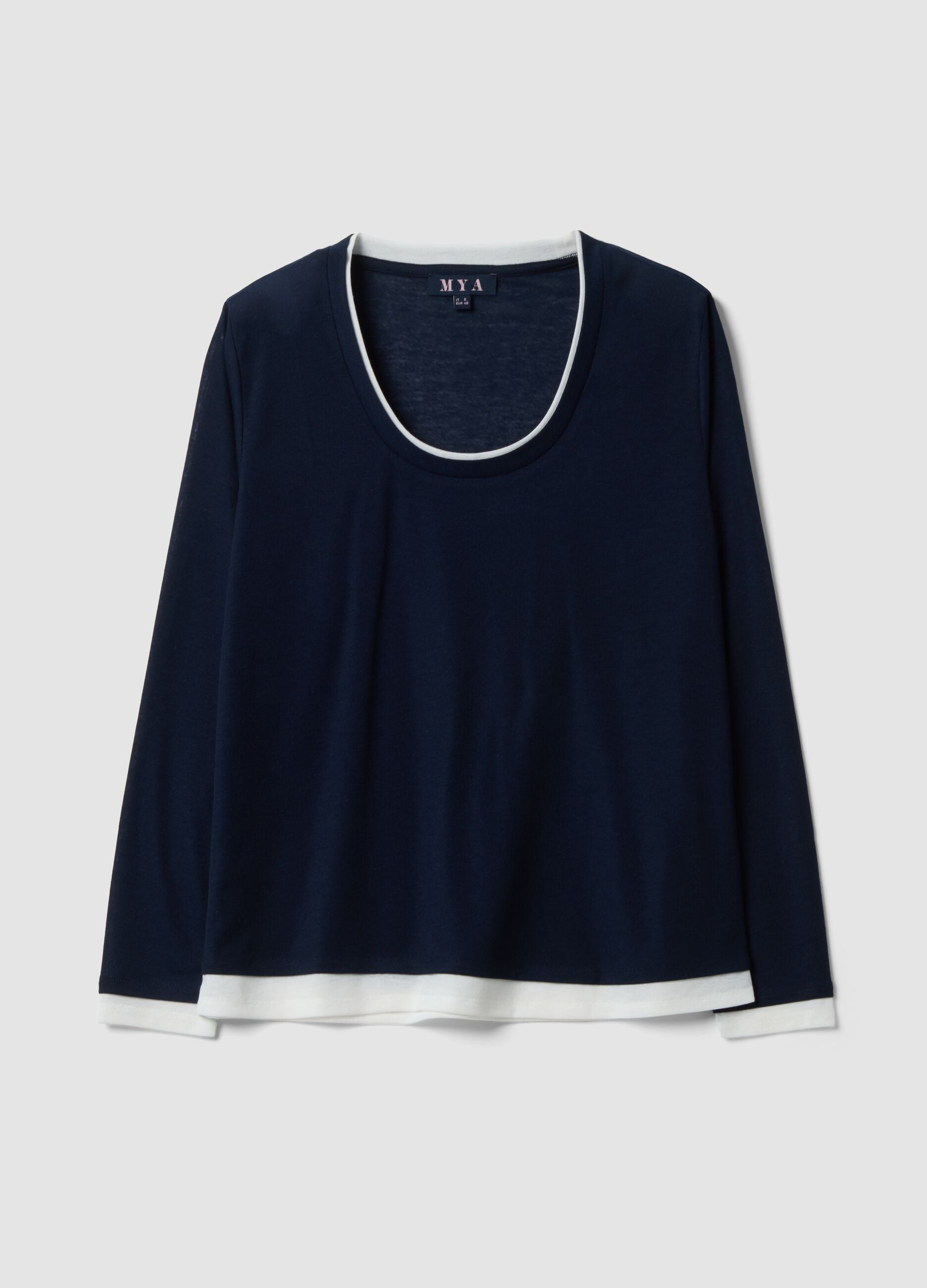 Blue viscose-blend T-shirt with white contrast crew neck, regular fit