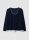 Blue viscose-blend T-shirt with white contrast crew neck, regular fit_0