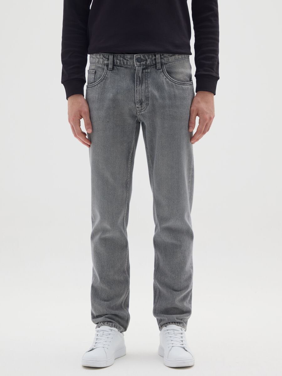 Regular fit grey cotton blend jeans_1