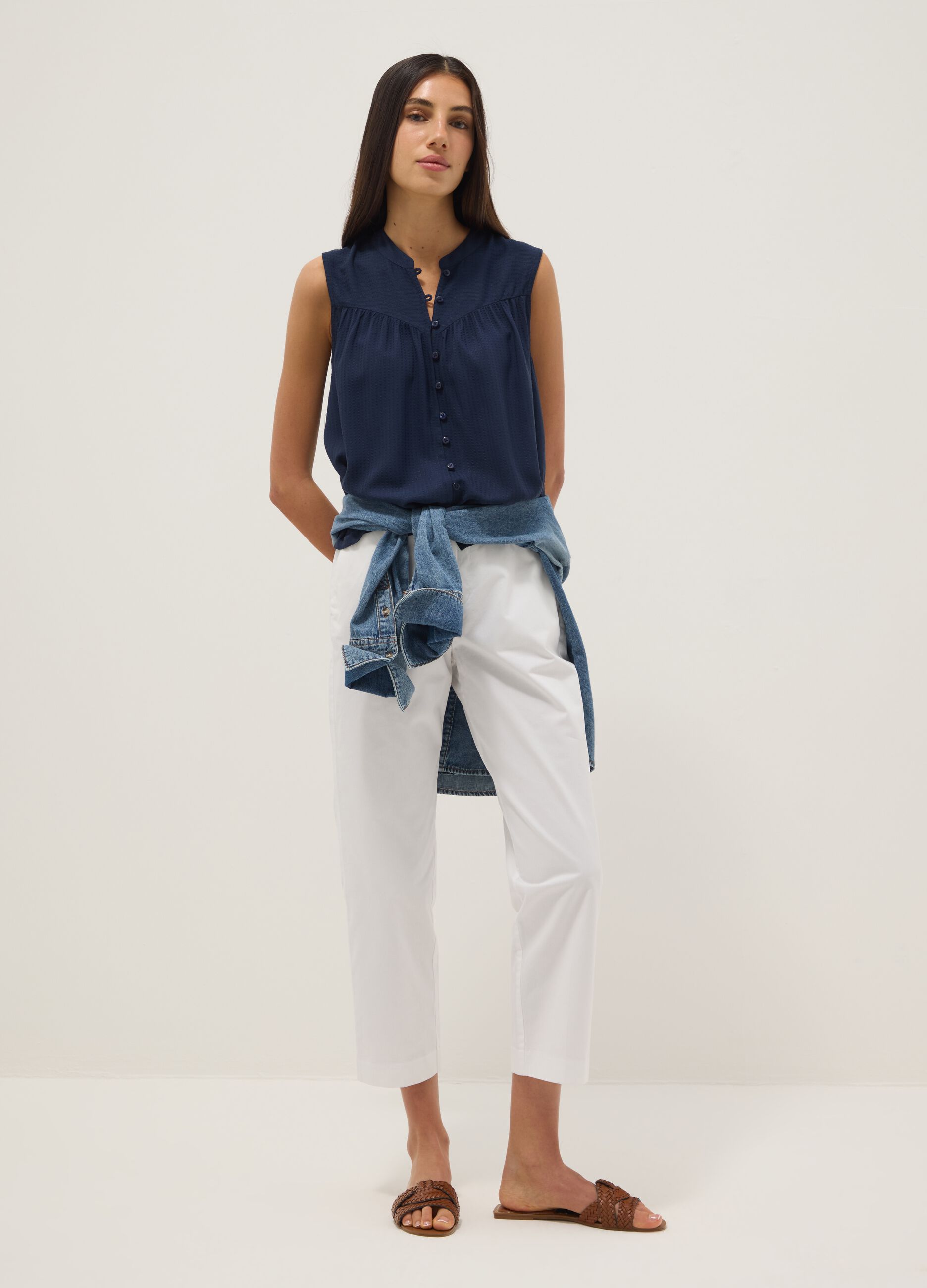 Blue pure viscose regular-fit shirt with embroidered texture