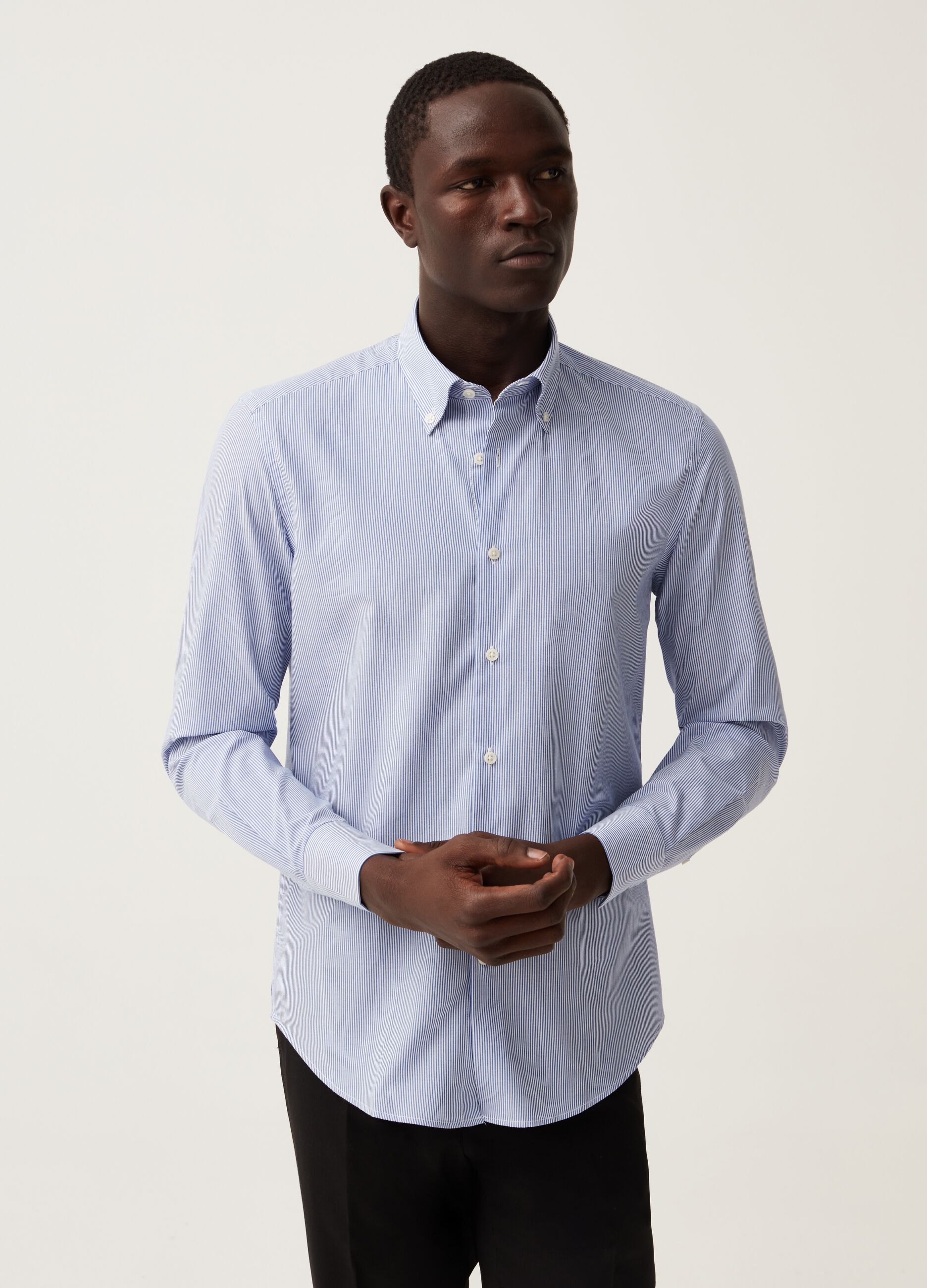 Camicia slim fit easy iron a righe sottili Bianco Azzurro da Uomo