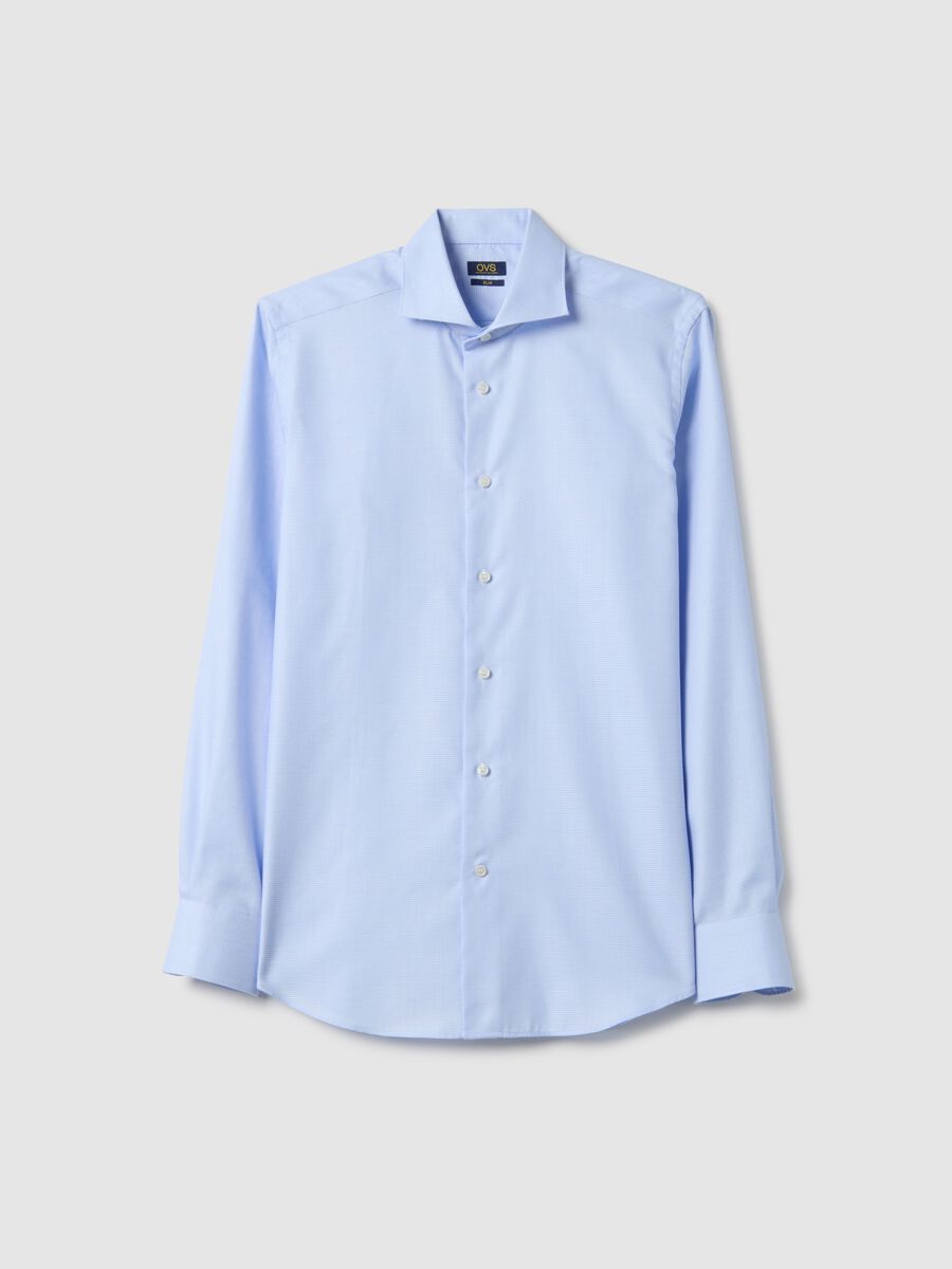 Sky blue pure cotton shirt with slim fit microcheck pattern_4