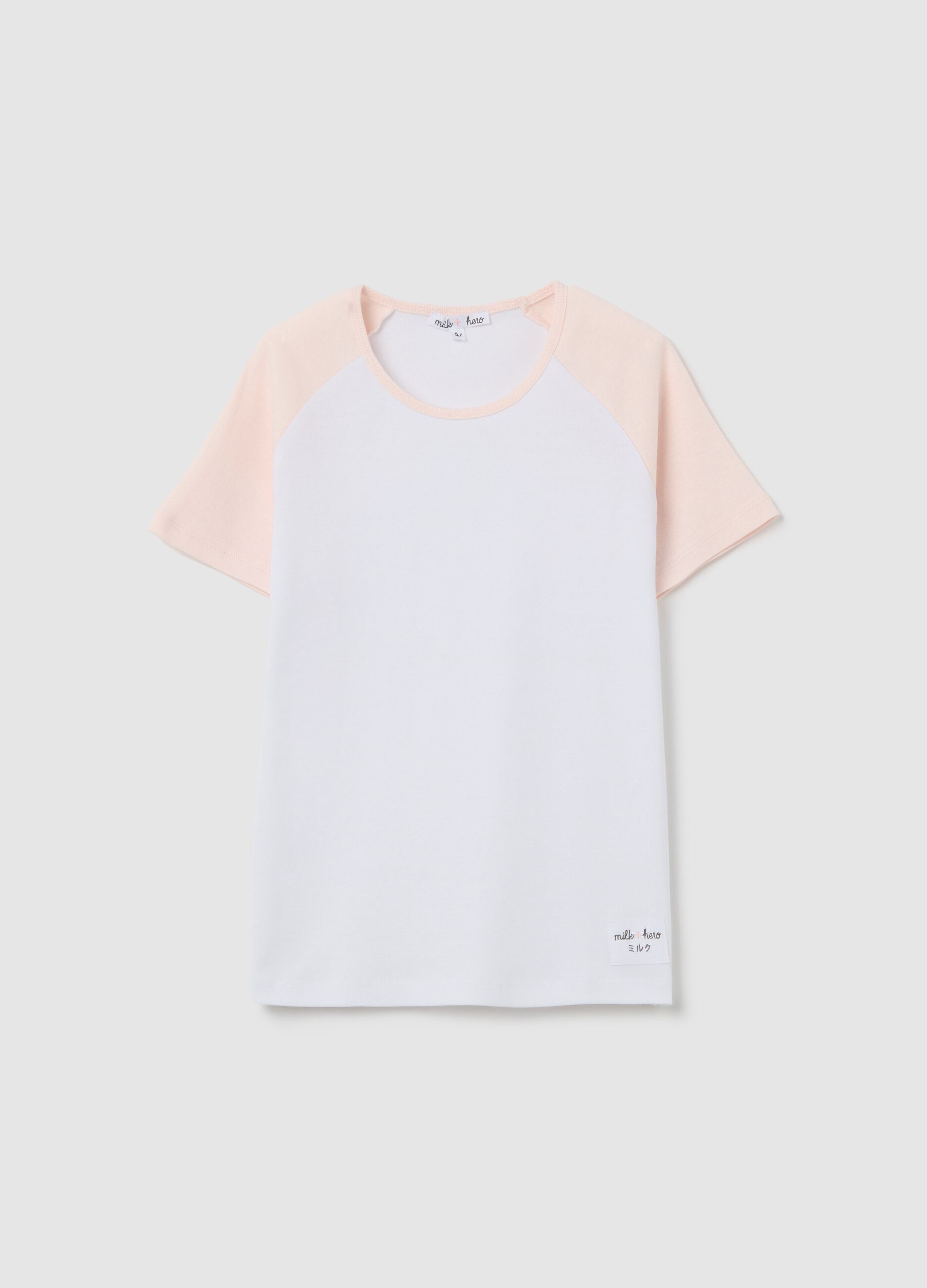 White T-shirt with pink raglan sleeves