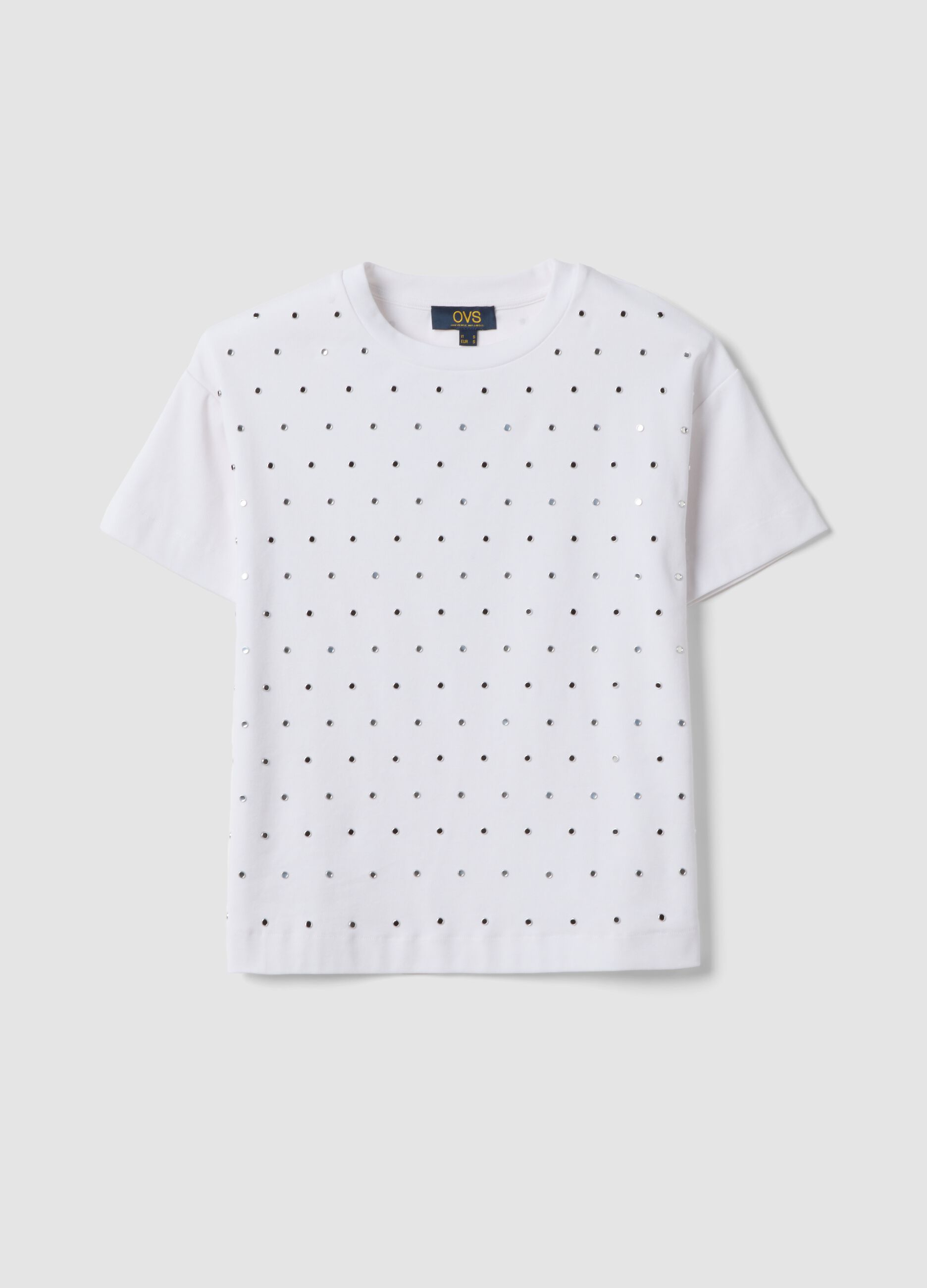 White stretch-cotton T-shirt with studs, regular fit