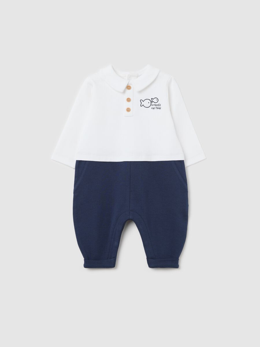 Blue two-tone cotton onesie with fish embroidery_0