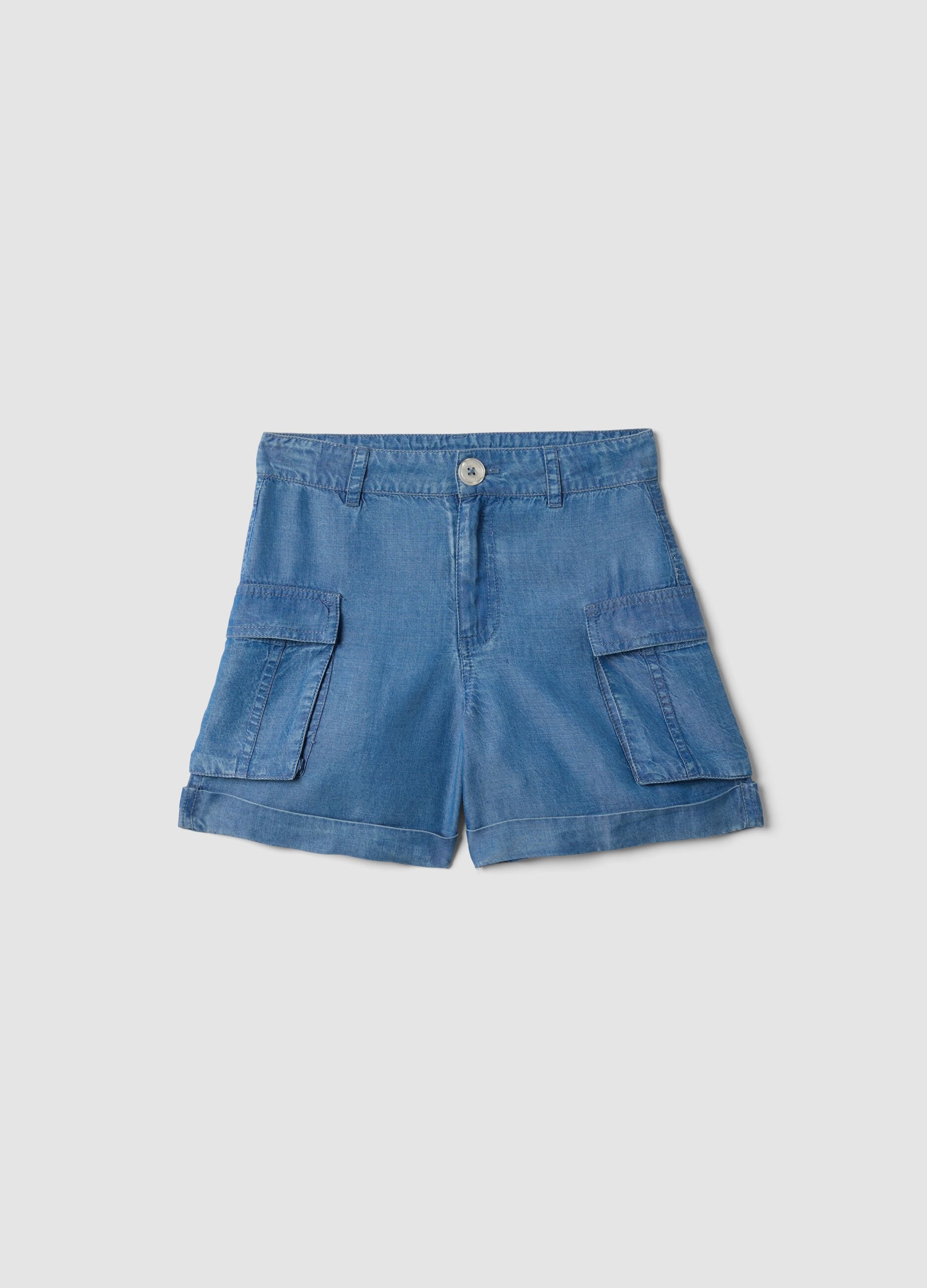 Blue pure lyocell cargo shorts for girls, regular fit
