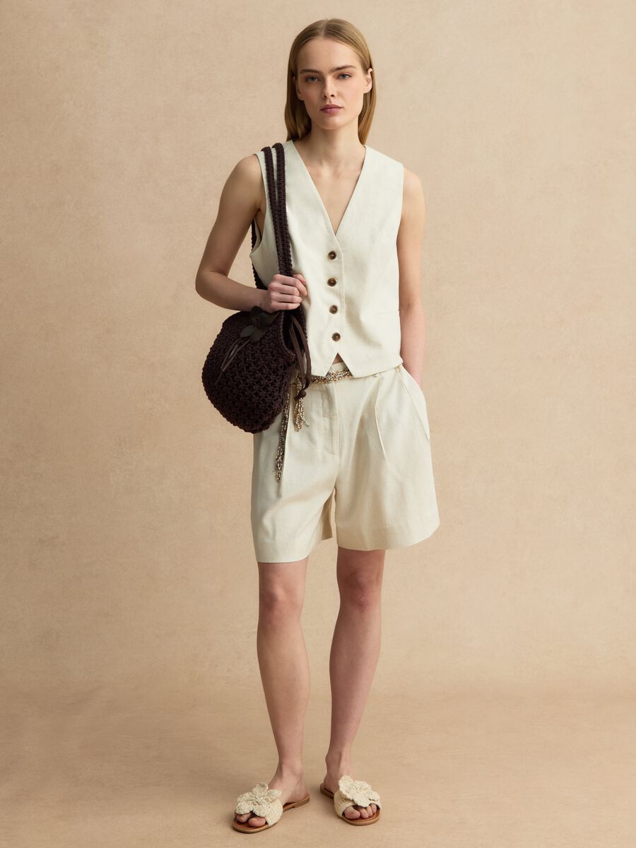 Beige slim fit viscose and linen mix waistcoat_2