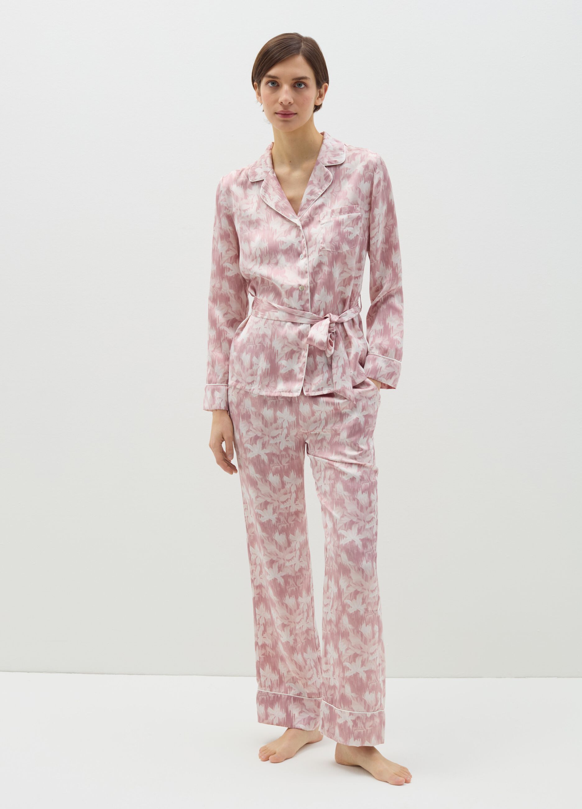 Pantalone pigiama in satin rosa e bianco