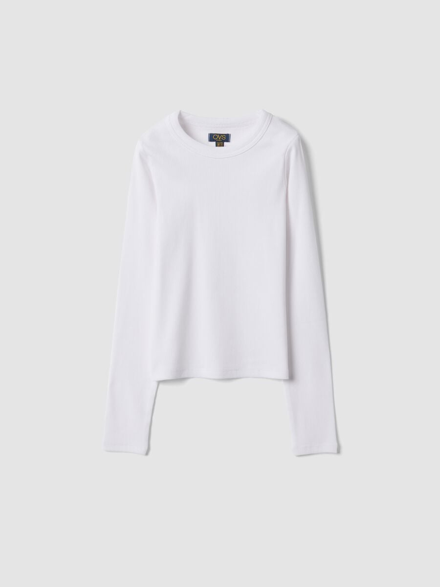 T-shirt bianca in cotone organico elasticizzato con collo a costine_0